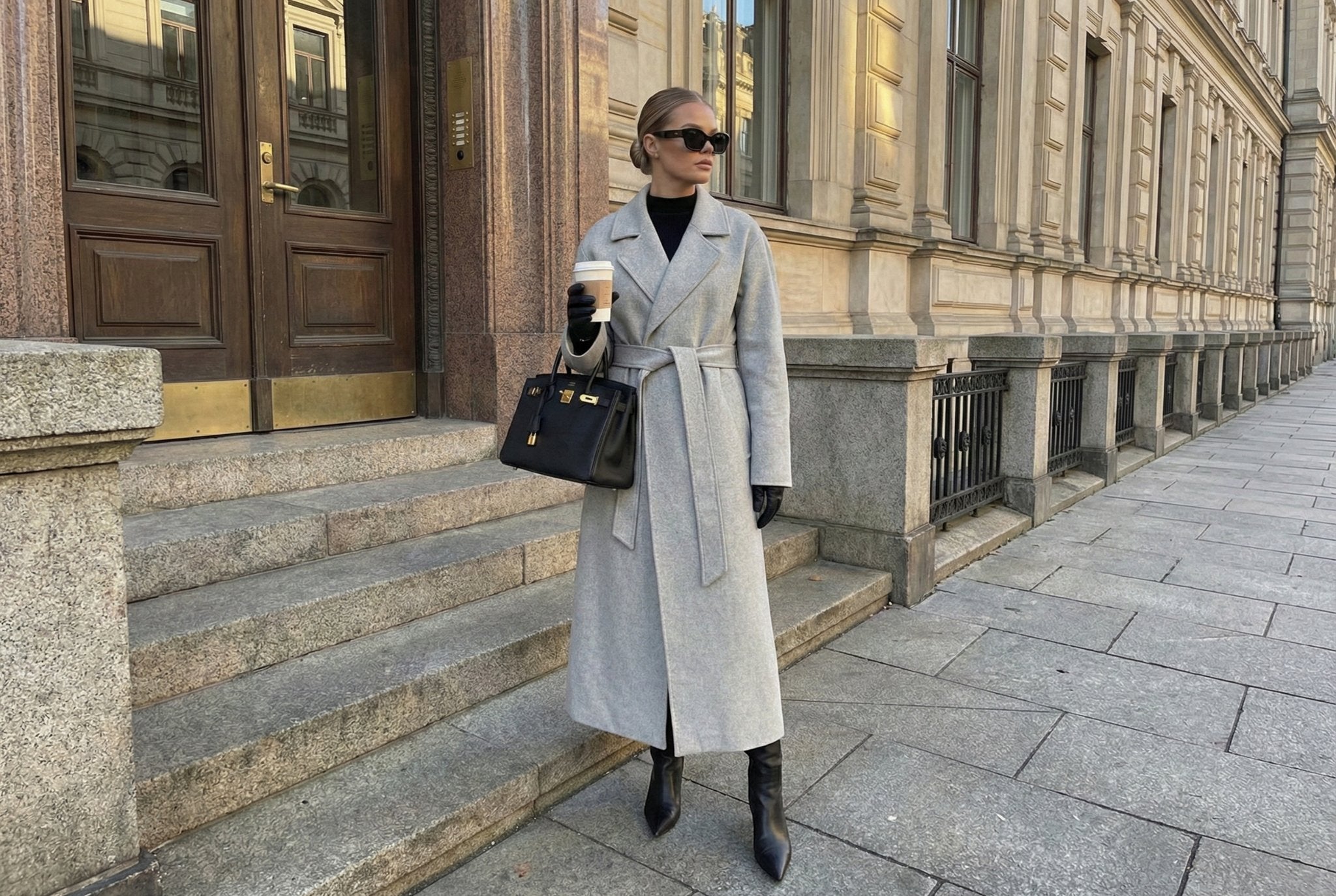 Stylizacja z szarym płaszczem