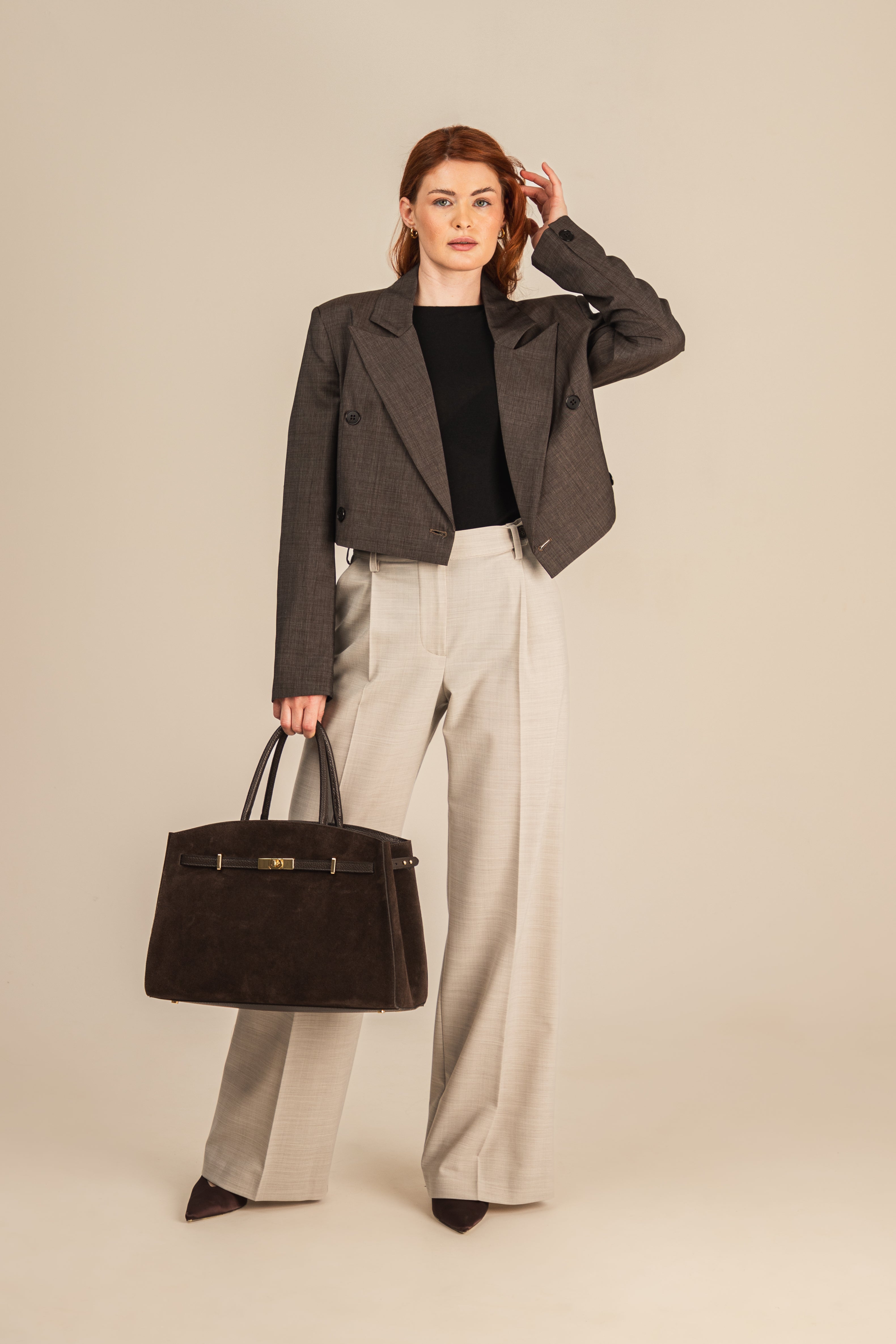 Spodnie damskie z kantem - wełna i elastan - Greige Wool