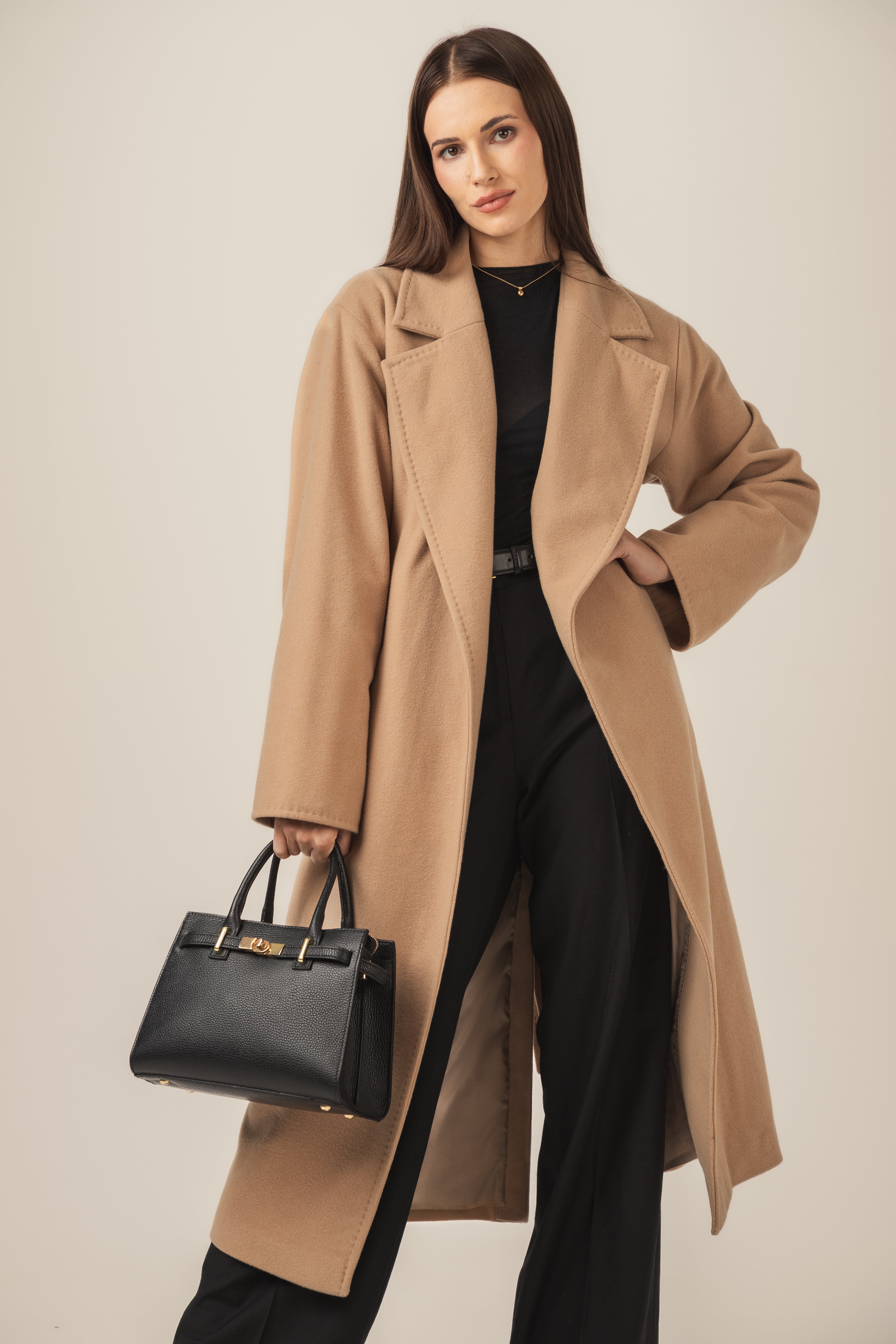 Płaszcz zimowy damski wiązany wełna/kaszmir - beżowy BASE