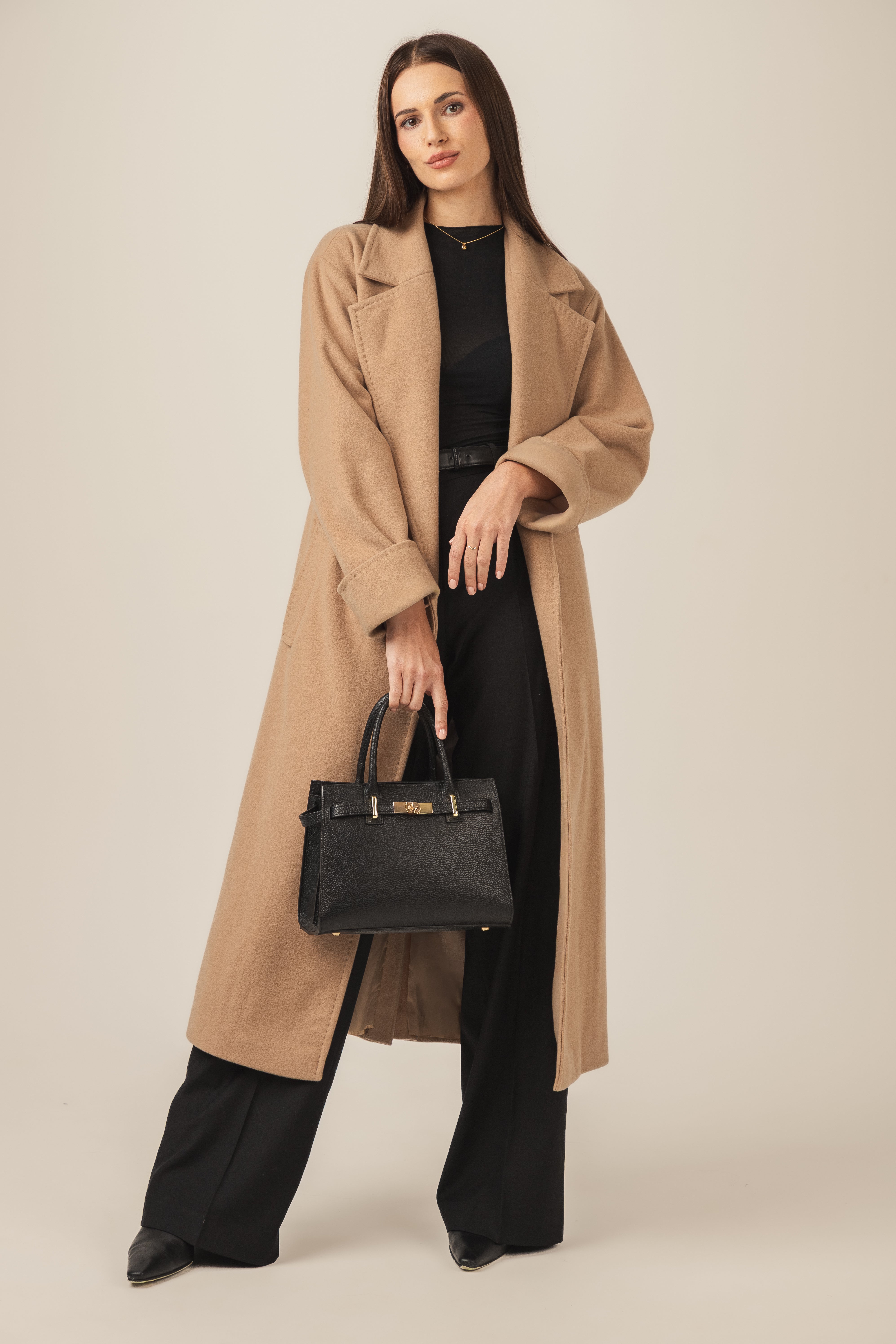 Płaszcz zimowy damski wiązany wełna/kaszmir - beżowy BASE