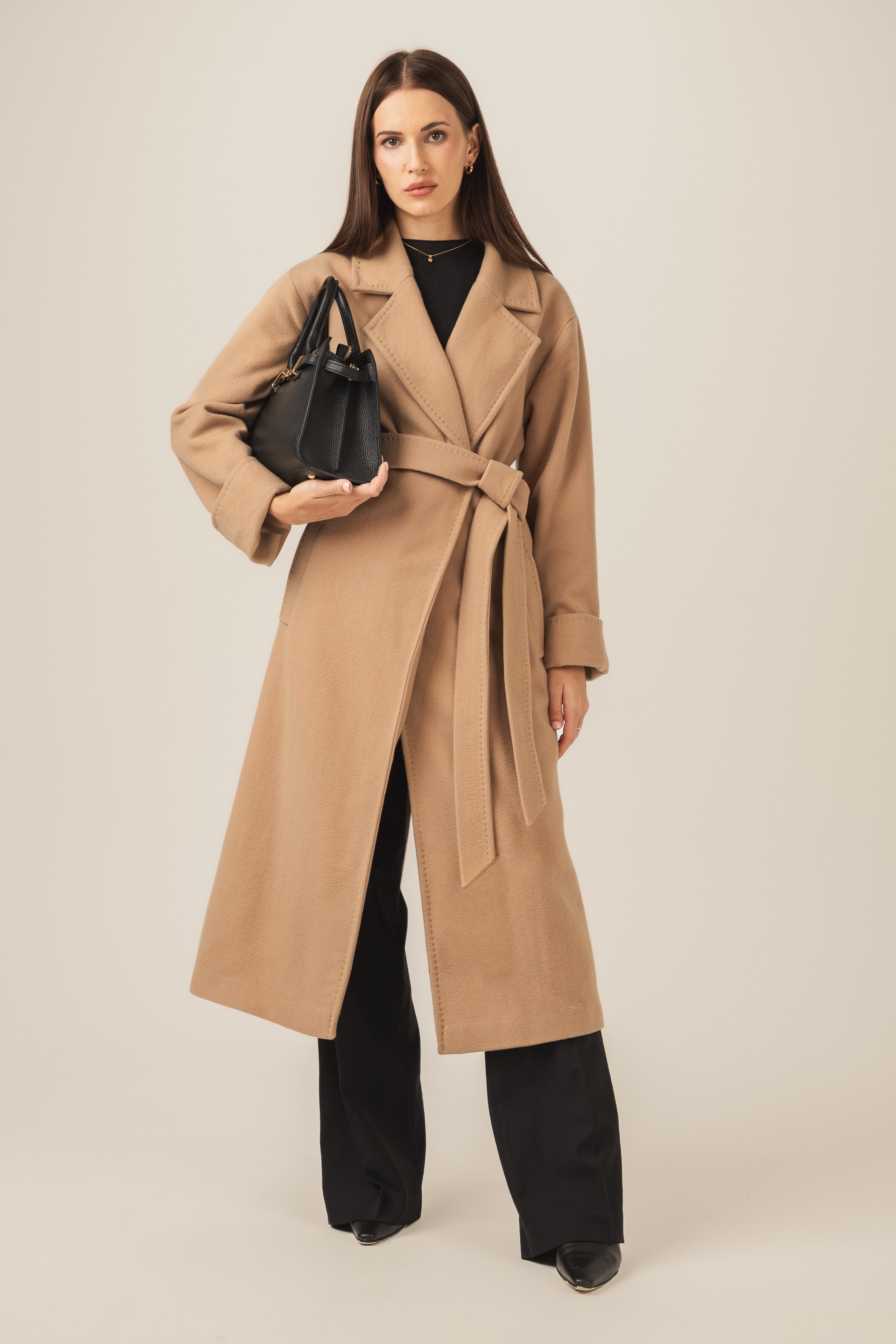 Płaszcz zimowy damski wiązany wełna/kaszmir - beżowy BASE