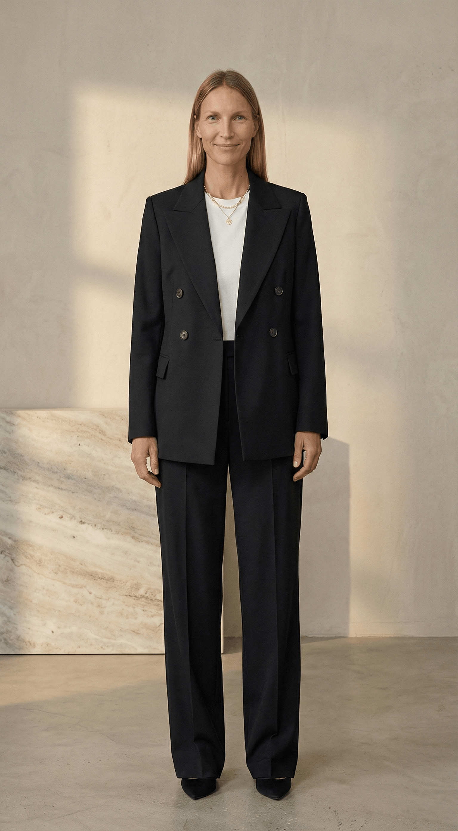 Biały Bawełniany T-shirt oversize z czarną marynarką i czarnymi eleganckimi spodniami - widok całej stylizacji