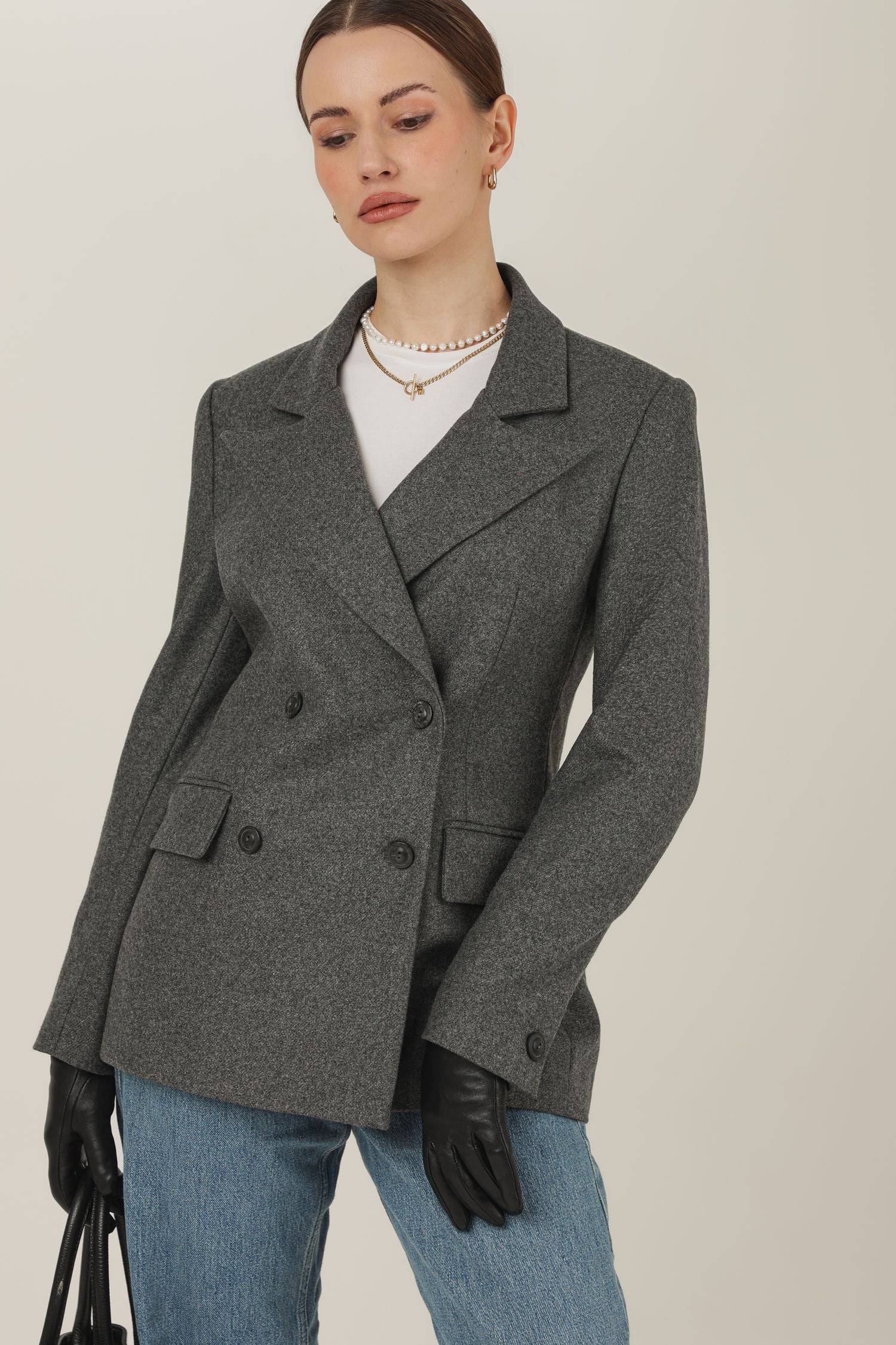 Szara marynarka damska z wełny i kaszmiru Eliot, klasyczny krój, elegancka odzież wierzchnia do codziennych i formalnych stylizacji
