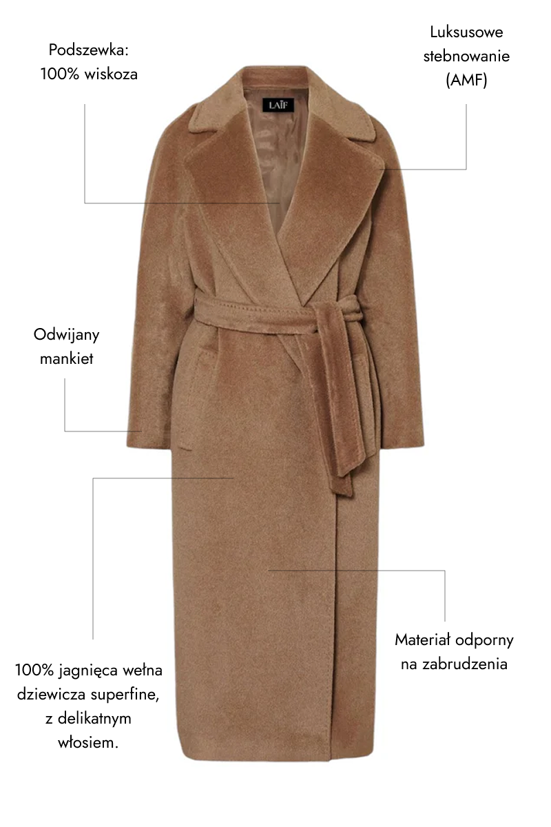 Płaszcz zimowy damski wiązany 100% wełna dziewicza - BASE Camel