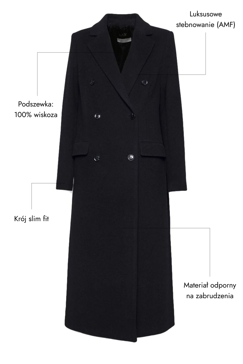 Dwurzędowy płaszcz z wełny dziewiczej 80% CHARLIE BLACK