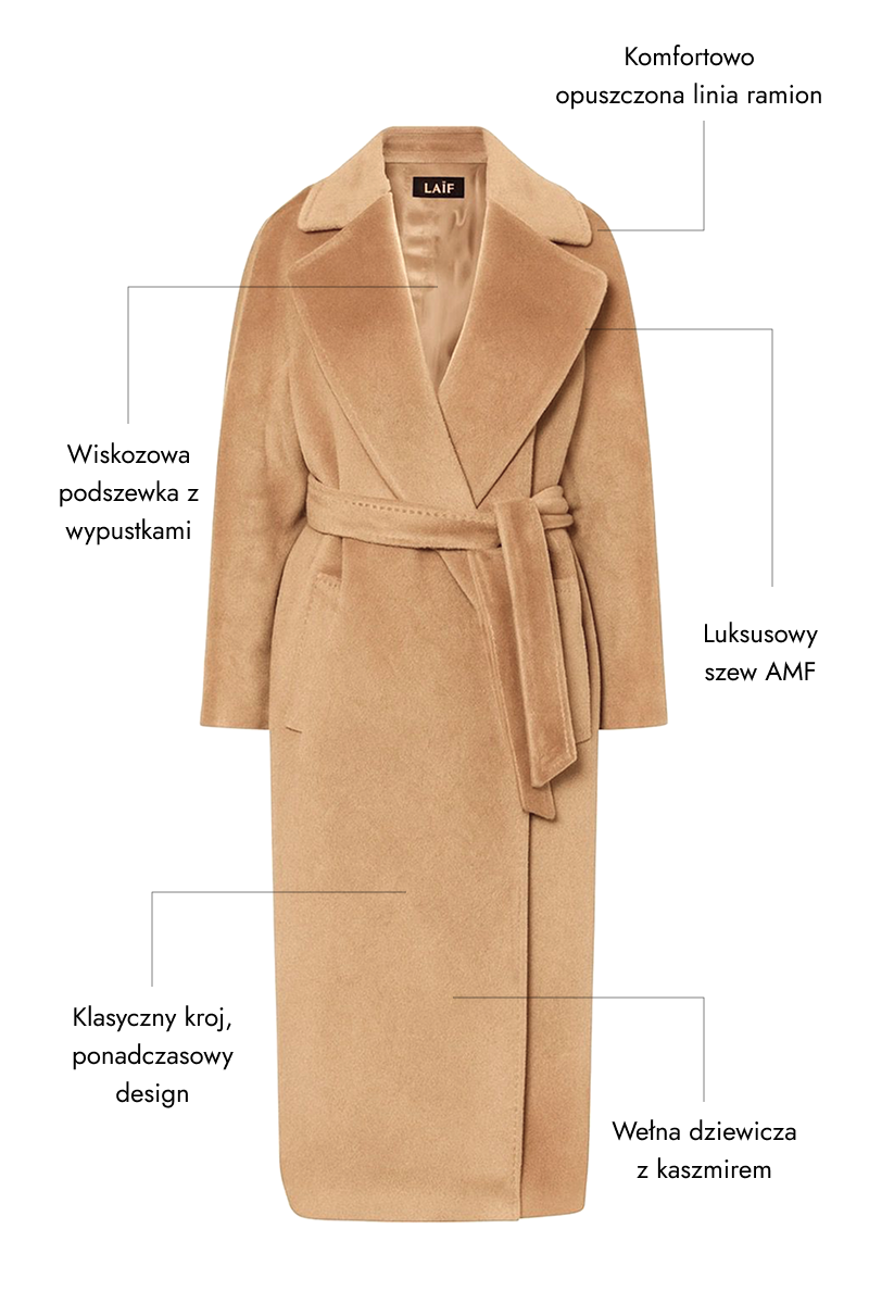 Płaszcz zimowy damski wiązany wełna/kaszmir - beżowy BASE