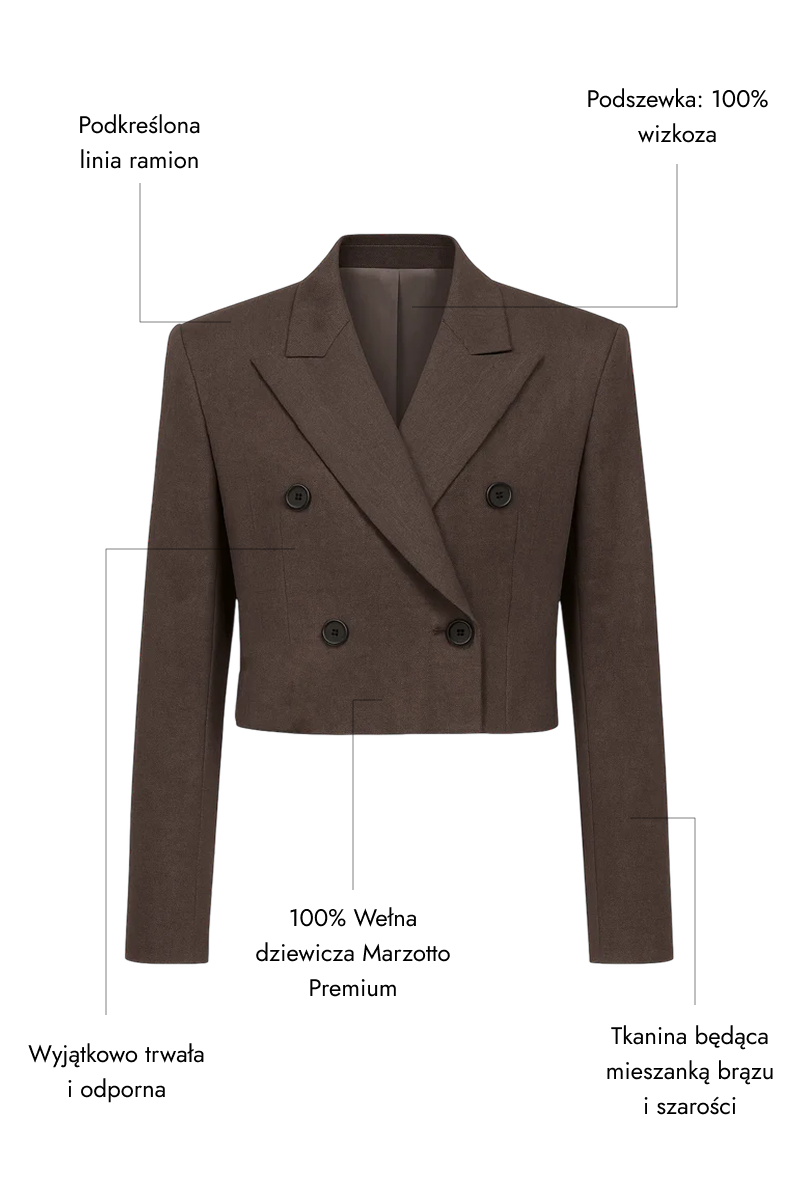Dwurzędowa brązowa marynarka damska z wełny - Caffe