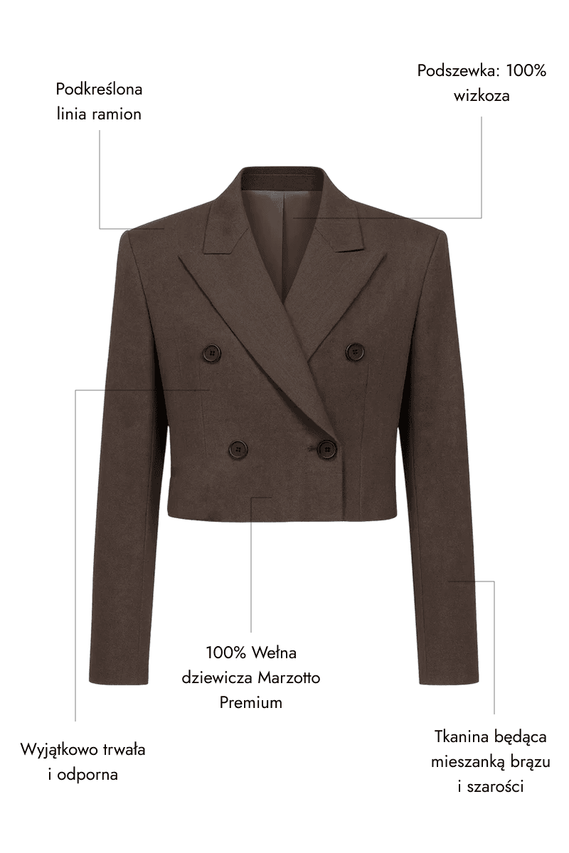 Dwurzędowa brązowa marynarka damska z wełny - Podkreślona linia ramion, Podszewka: 100% wiskoza, 100% Wełna dziewicza Marzotto Premium, Wyjątkowo trwała i odporna, Tkanina będąca mieszanką brązu i szarości