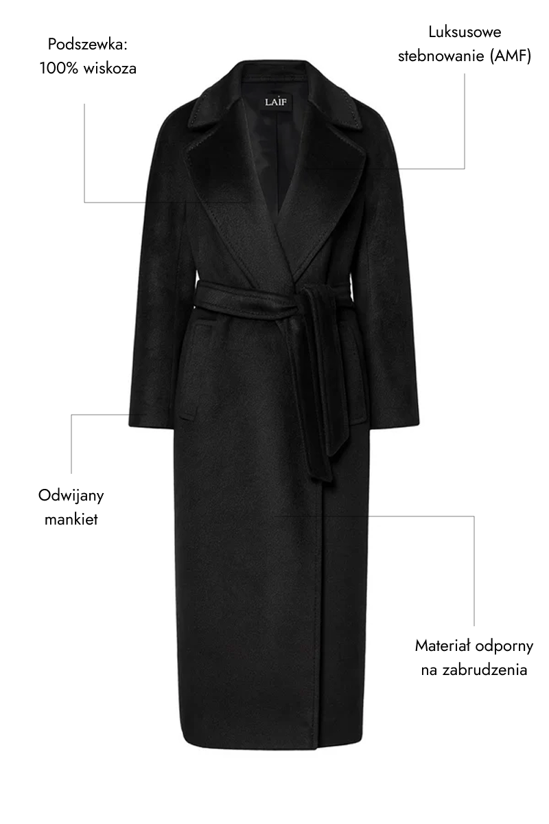 Płaszcz damski z wełny i kaszmiru jesienno-zimowy - czarny BASE