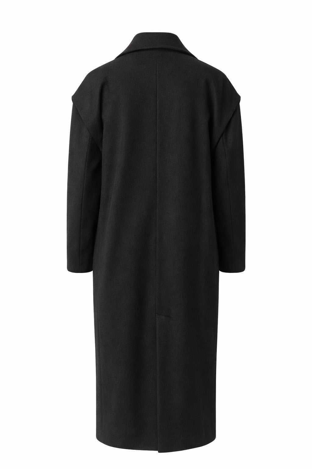 czarny płaszcz z szerokimi ramionami, wełna i kaszmir, nowoczesny styl, odzież wierzchnia, elegancki płaszcz