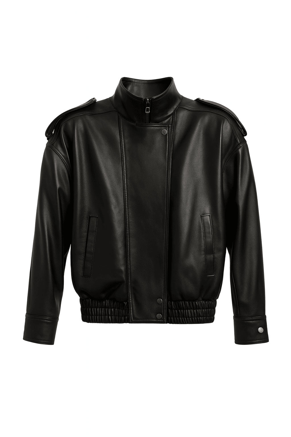 Czarna skórzana kurtka w stylu lat 90. oversize zapięta - widok z przodu