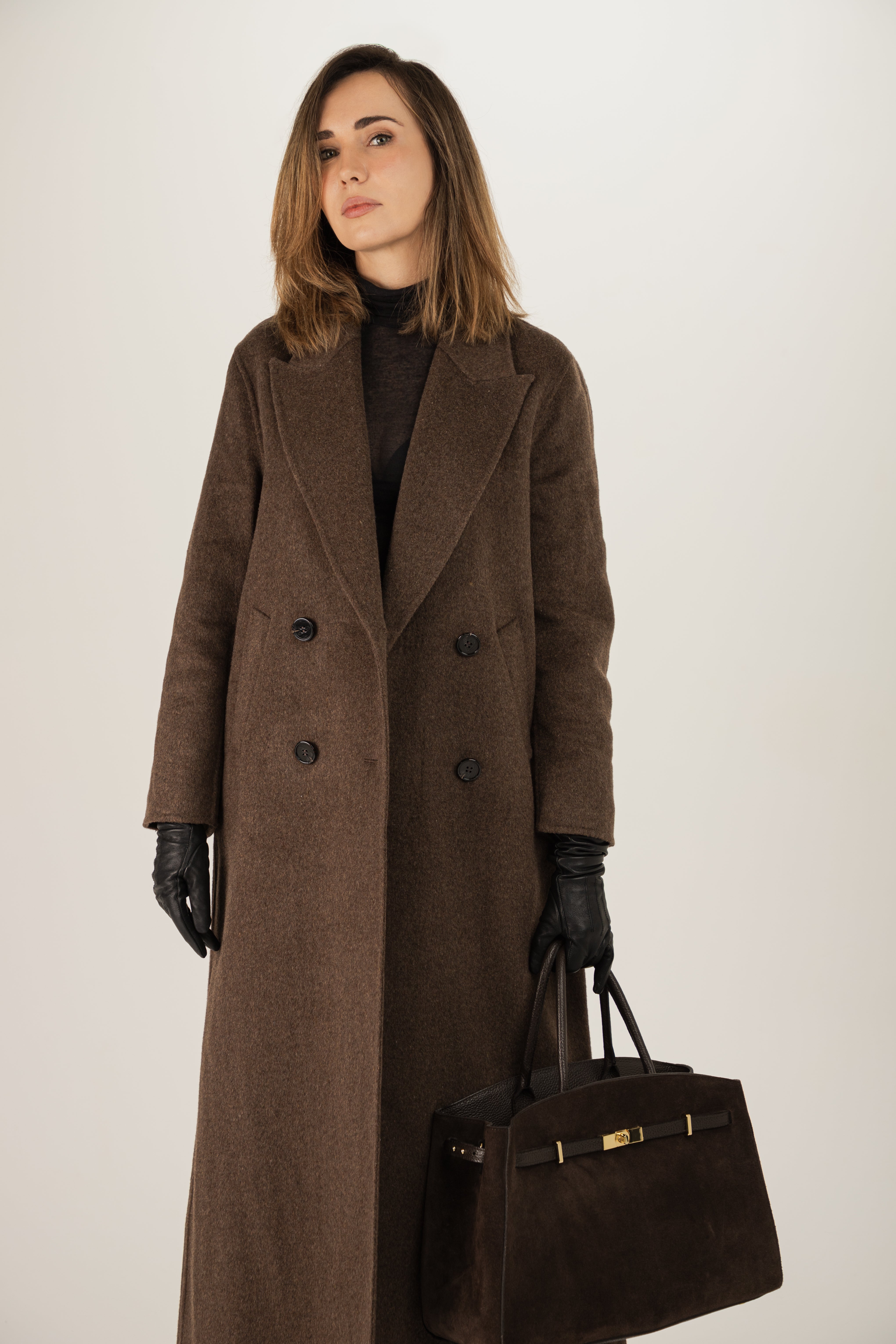 Długi wełniany płaszcz dwurzędowy Taylor double face – ciemny brąz