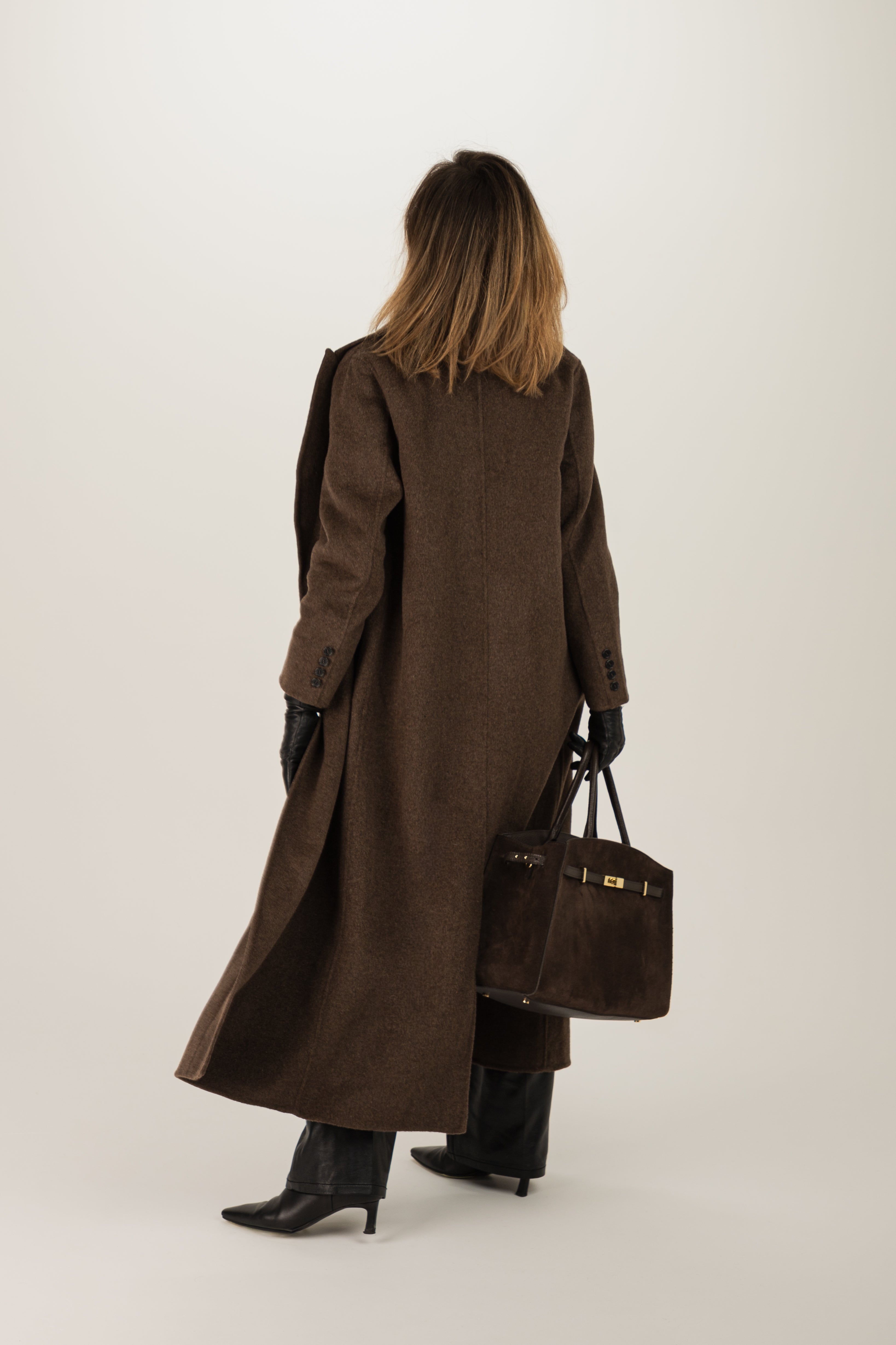 Długi wełniany płaszcz dwurzędowy Taylor double face – ciemny brąz