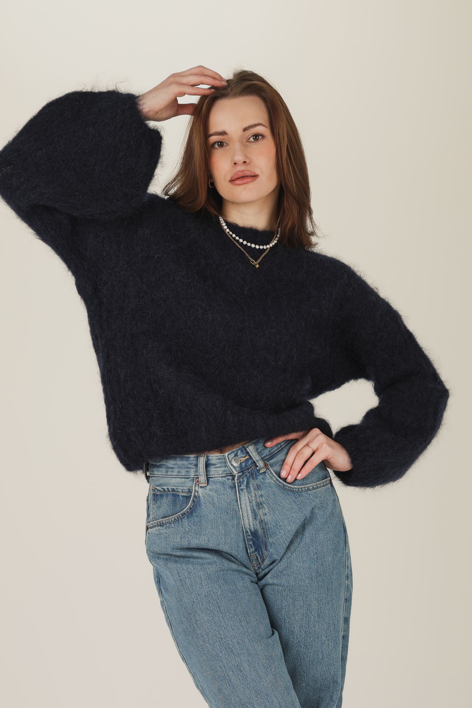 Sweter moherowy Tender - krem / granat / taupe