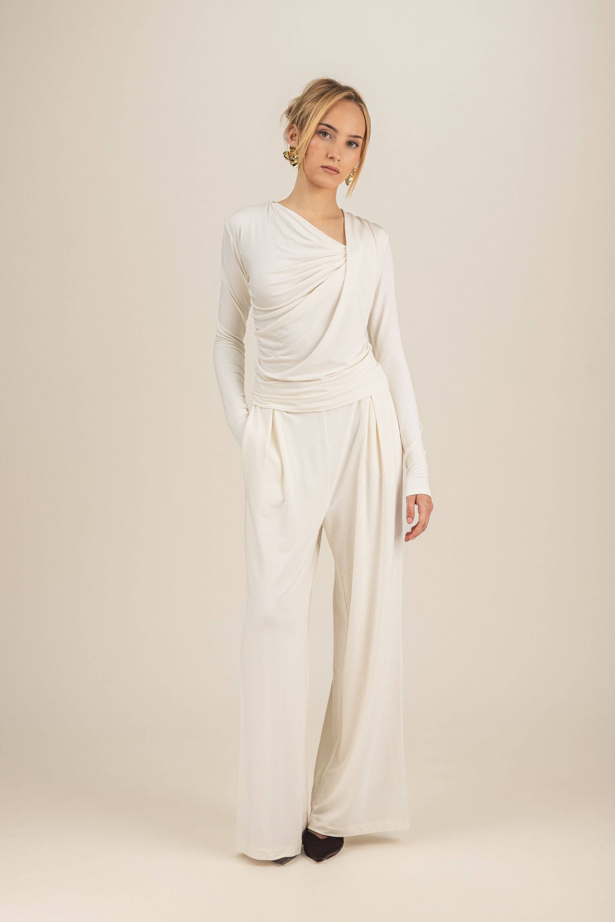 Bambusowe eleganckie spodnie Allure w komplecie z topem Allure z długim rękawem w kolorze Ecru