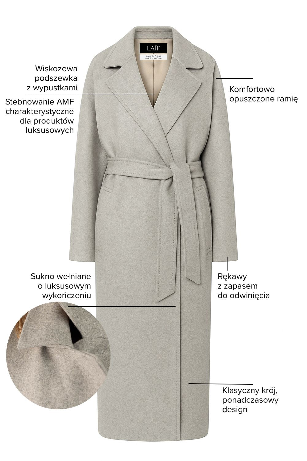 Damski szary wełniany płaszcz damski z paskiem - szary BASE
