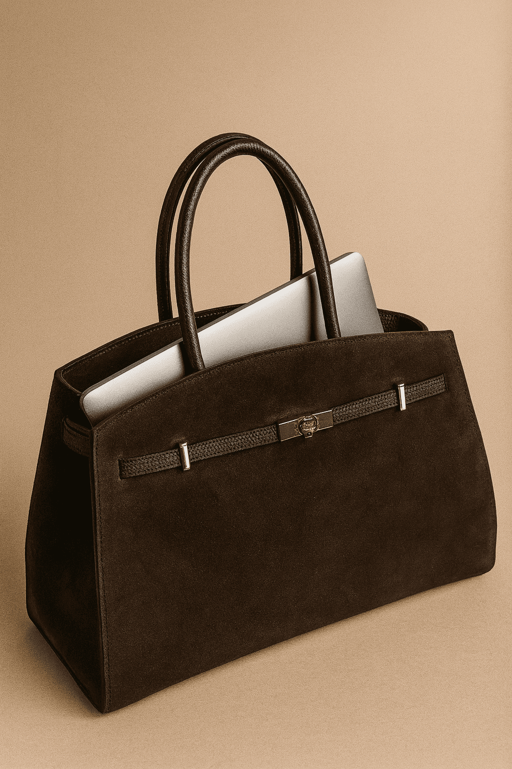 Duża zamszowa torebka damska w kolorze czekoladowym z zapakowanym laptopem