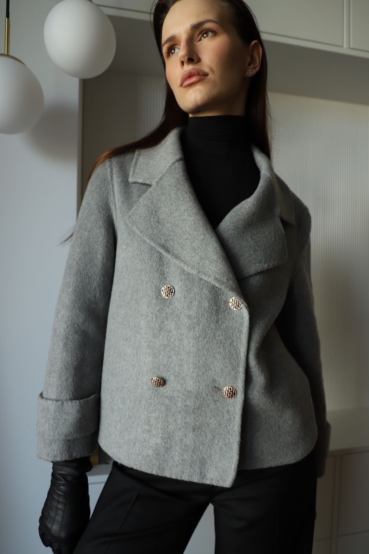 Szara / czarna kurtka damska 100% wełna - Eterna Petite