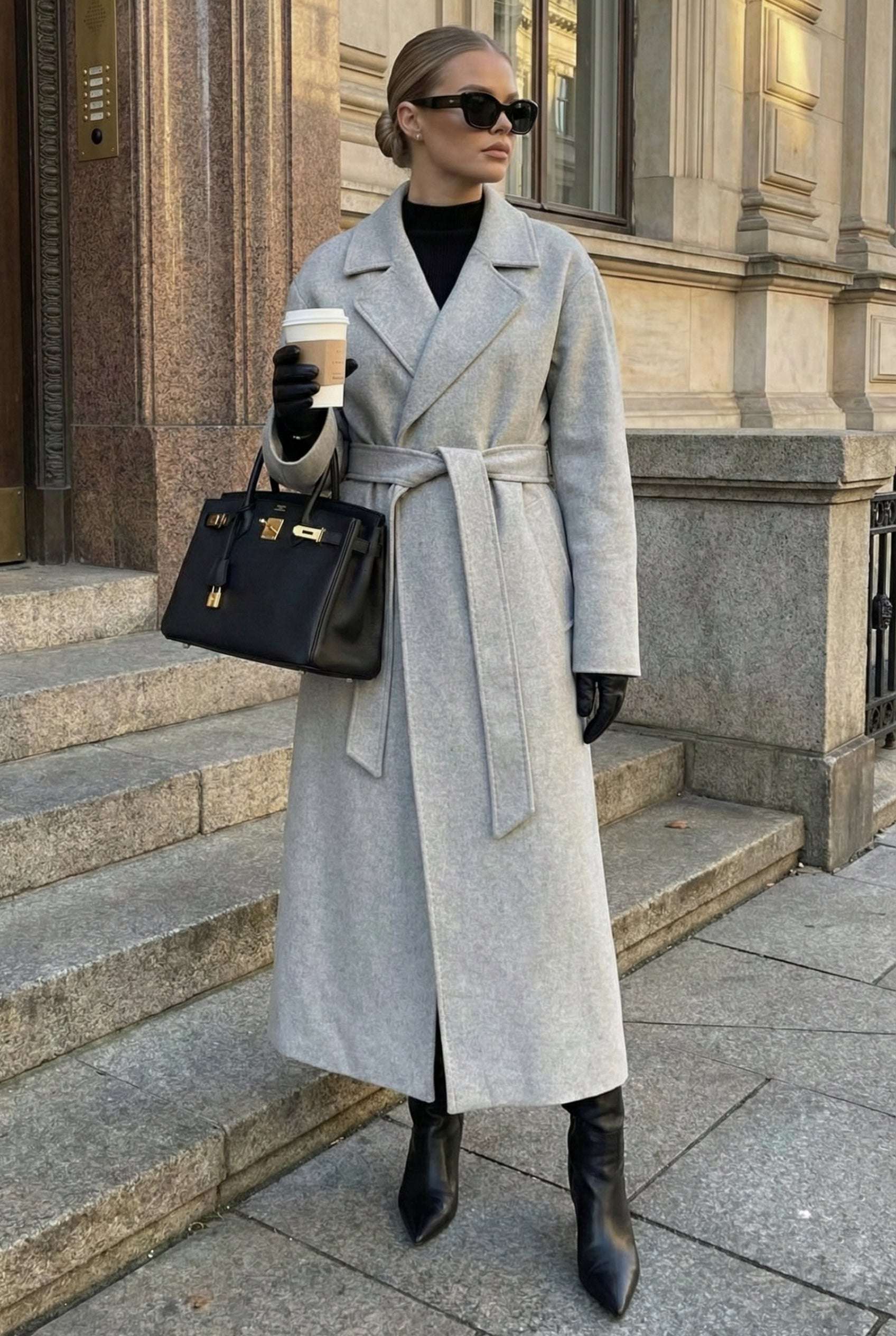 Szary wełniany płaszcz damski z paskiem, elegancki, zimowy, stylowy, na ulicy