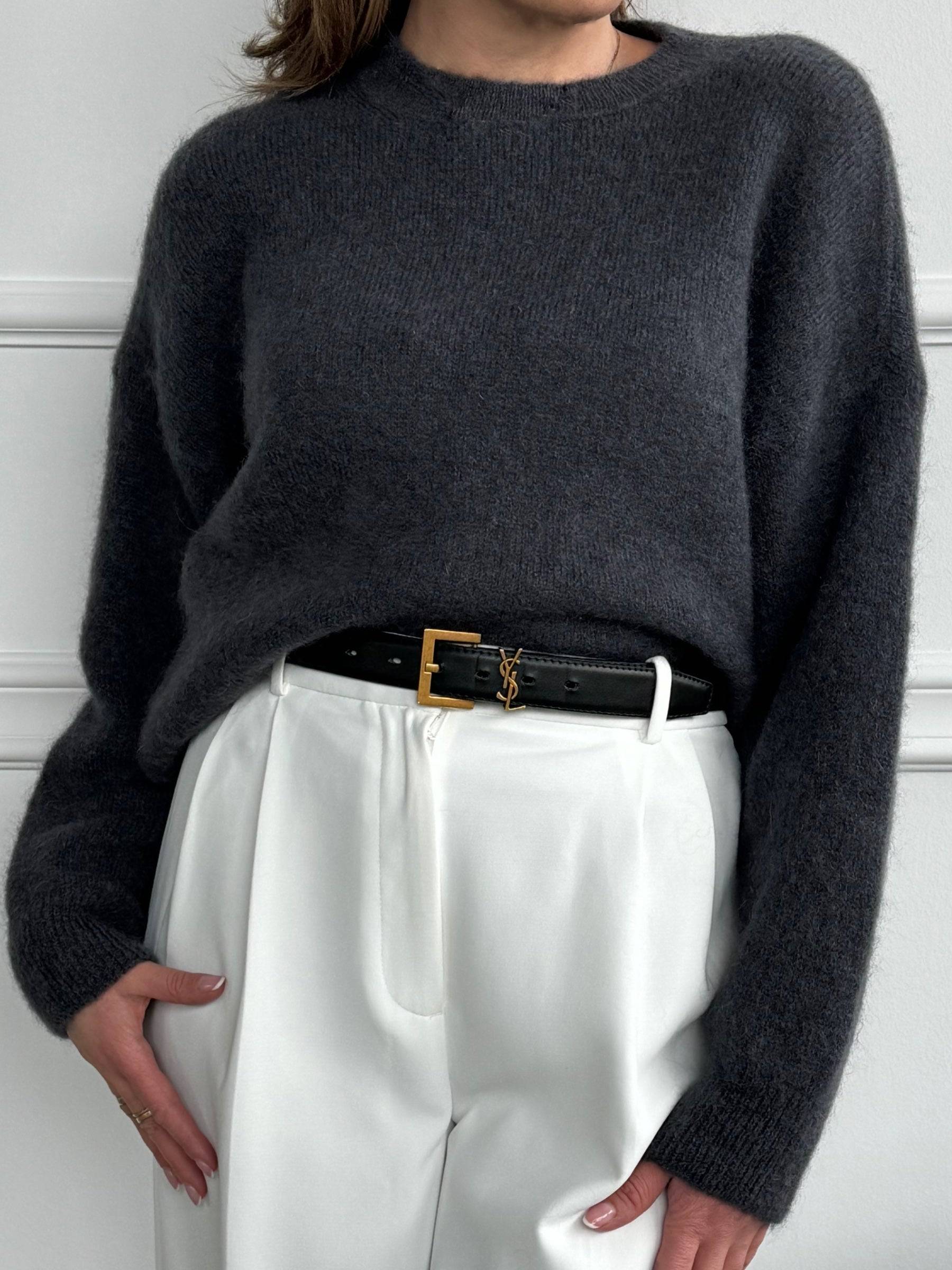 Sweter damski miękki beżowy szary kid moher wełna merino