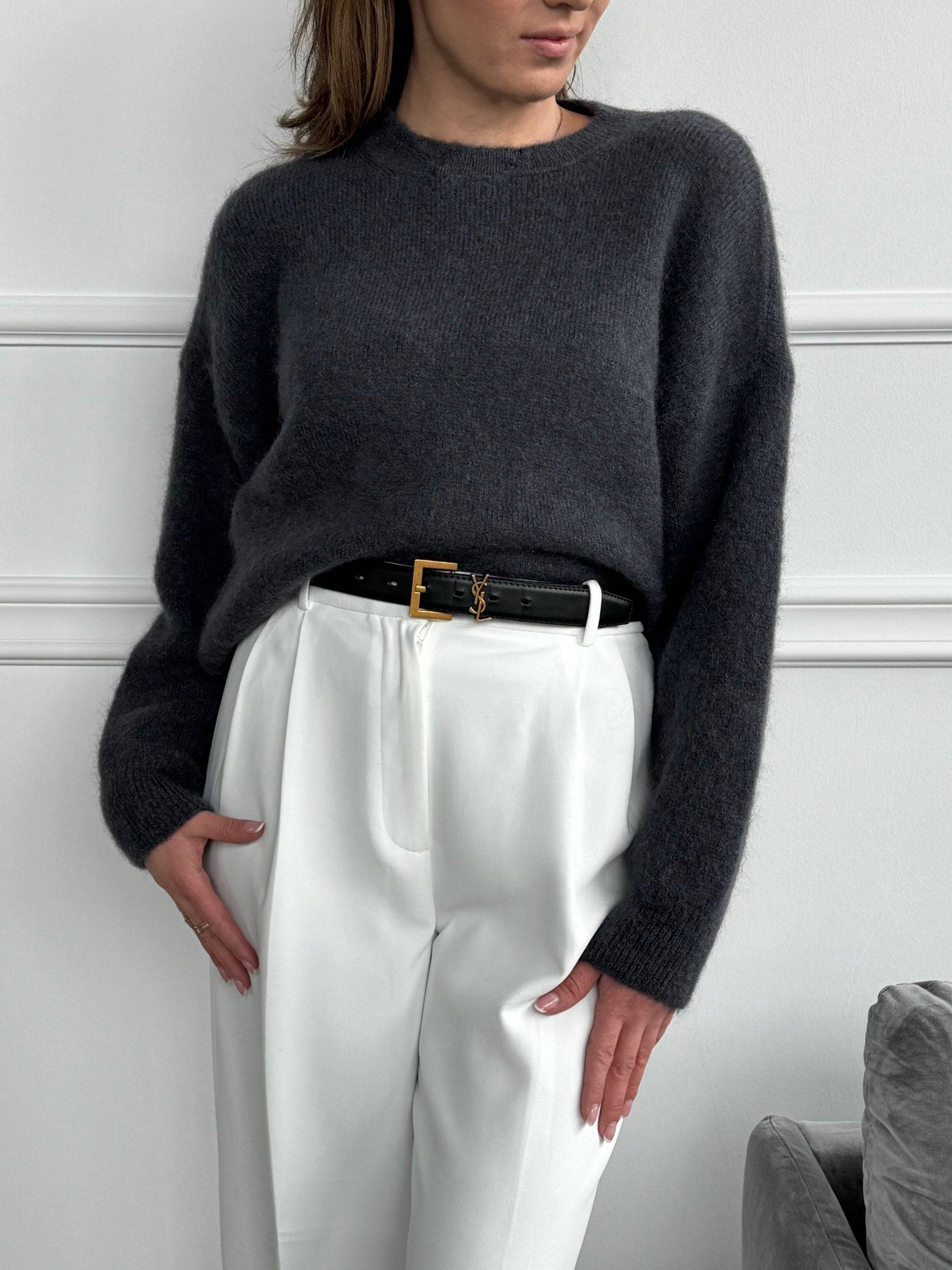 Sweter damski miękki beżowy szary kid moher wełna merino