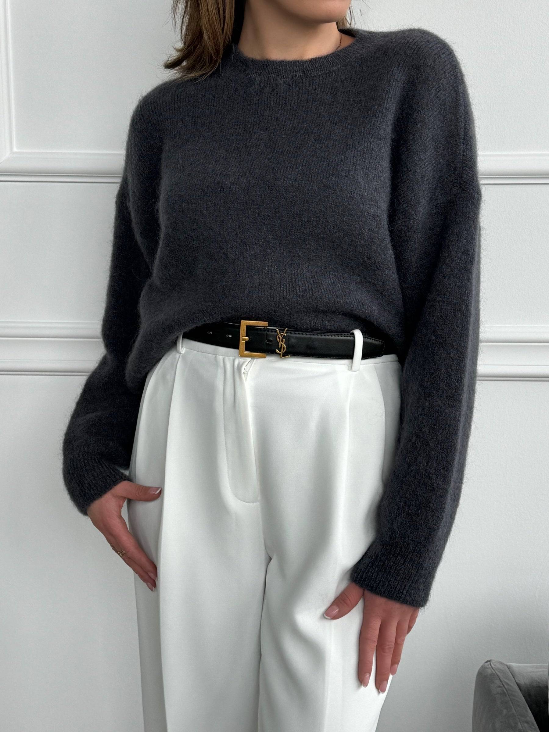 Sweter damski miękki beżowy szary kid moher wełna merino