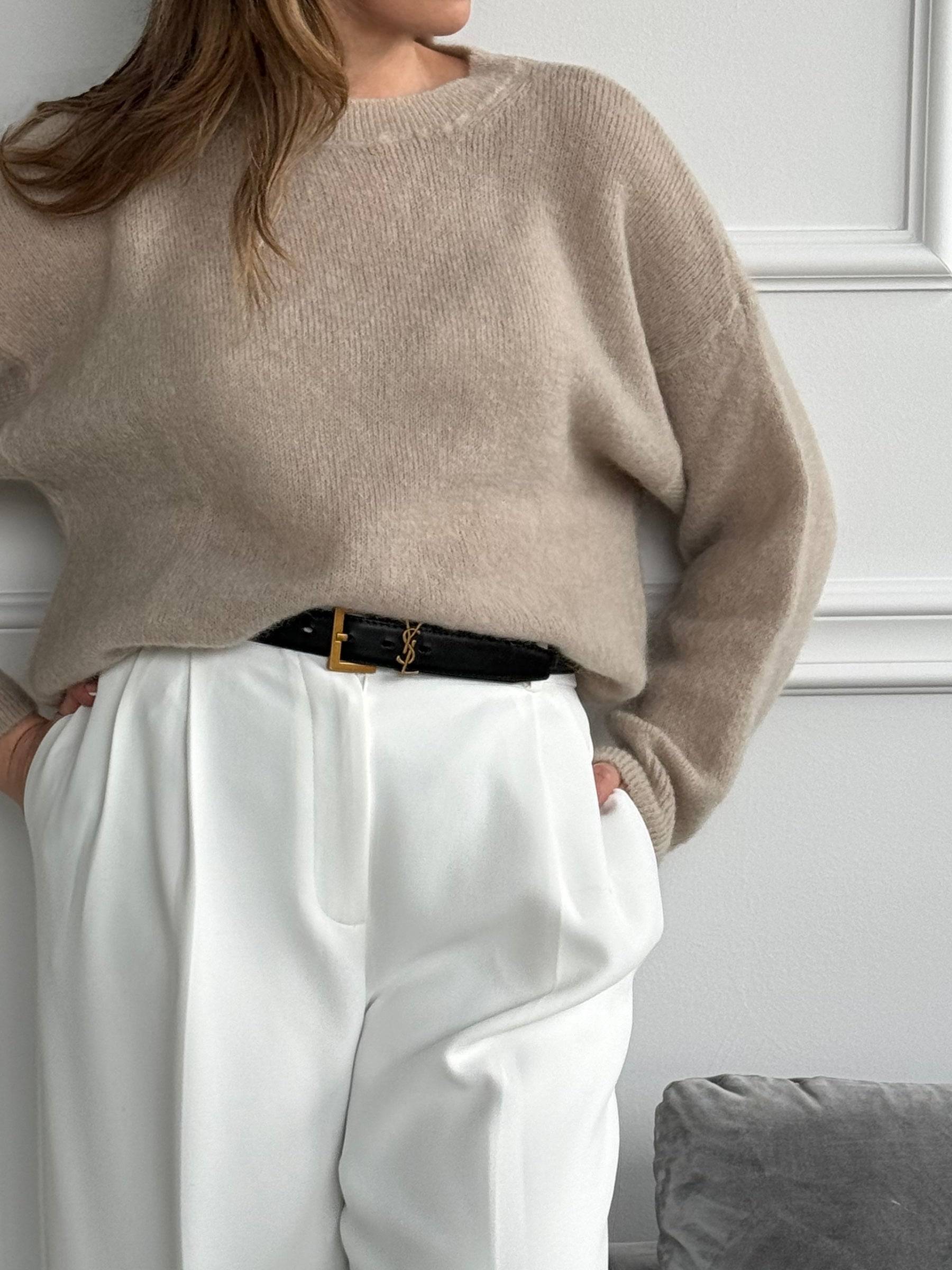 Sweter damski miękki beżowy szary kid moher wełna merino
