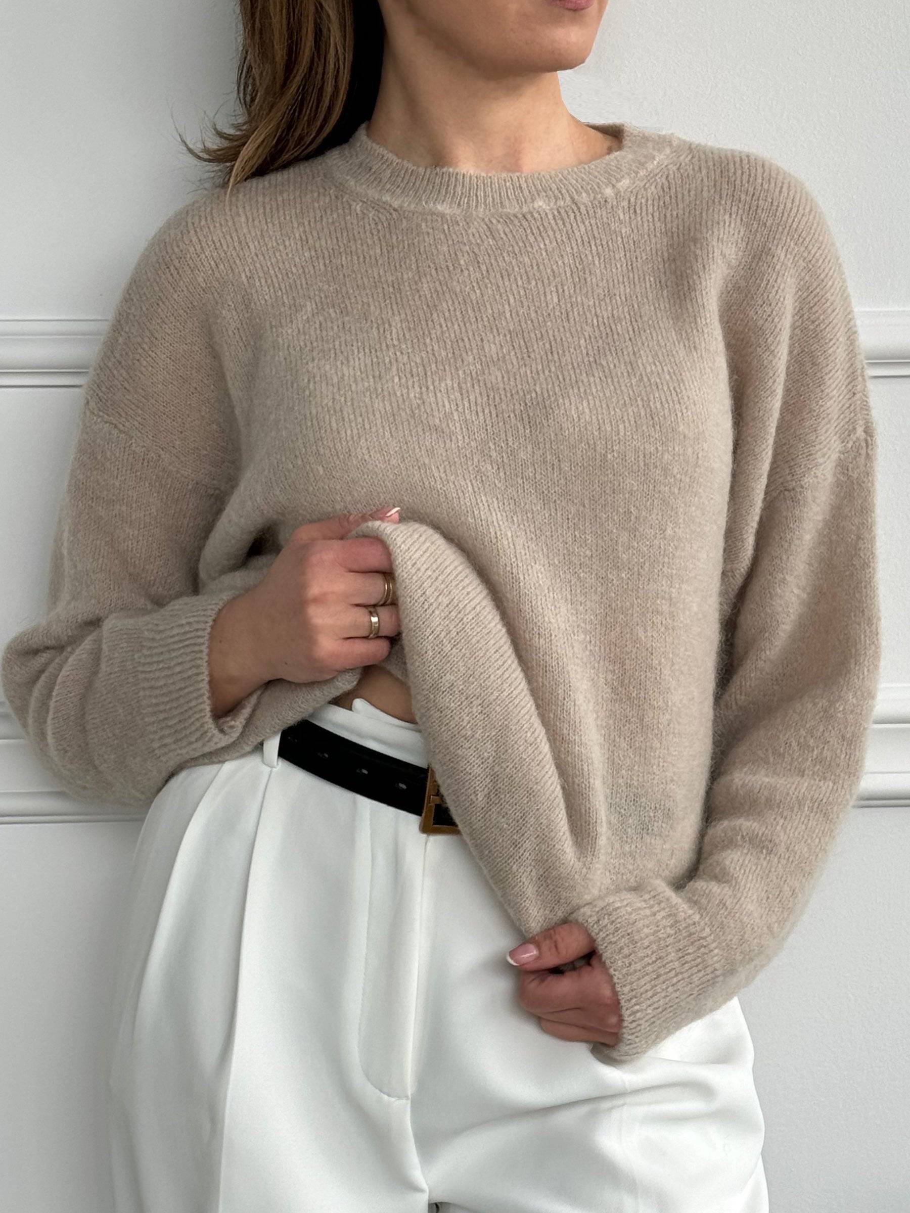Sweter damski miękki beżowy szary kid moher wełna merino