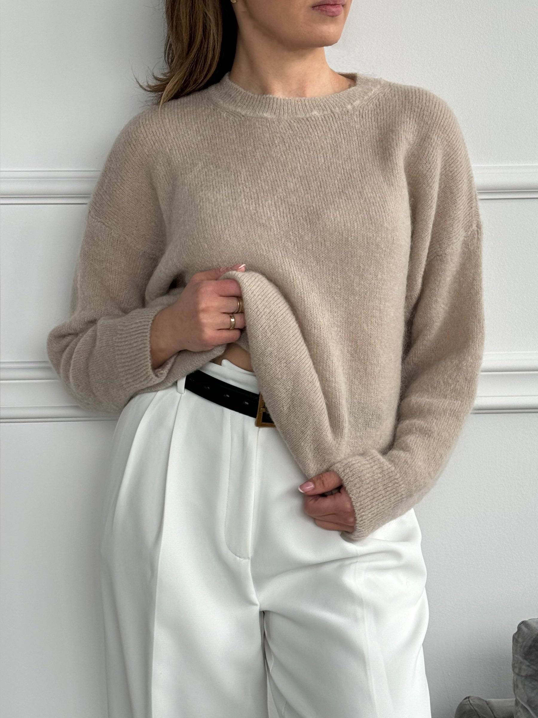 Sweter damski miękki beżowy szary kid moher wełna merino