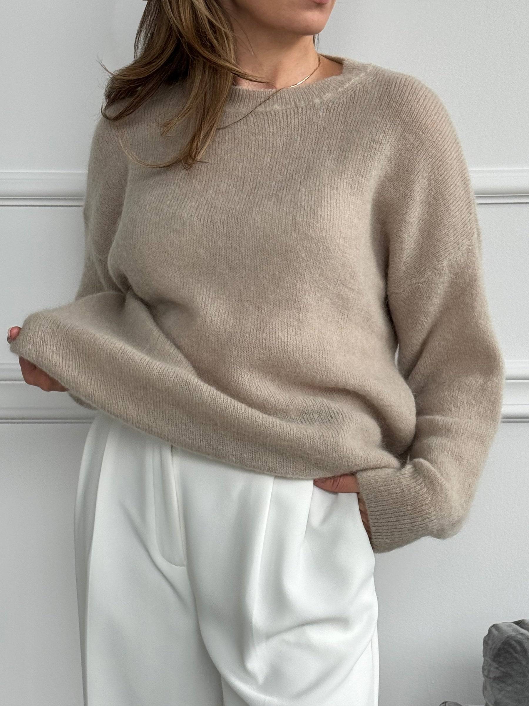 Sweter damski miękki beżowy szary kid moher wełna merino