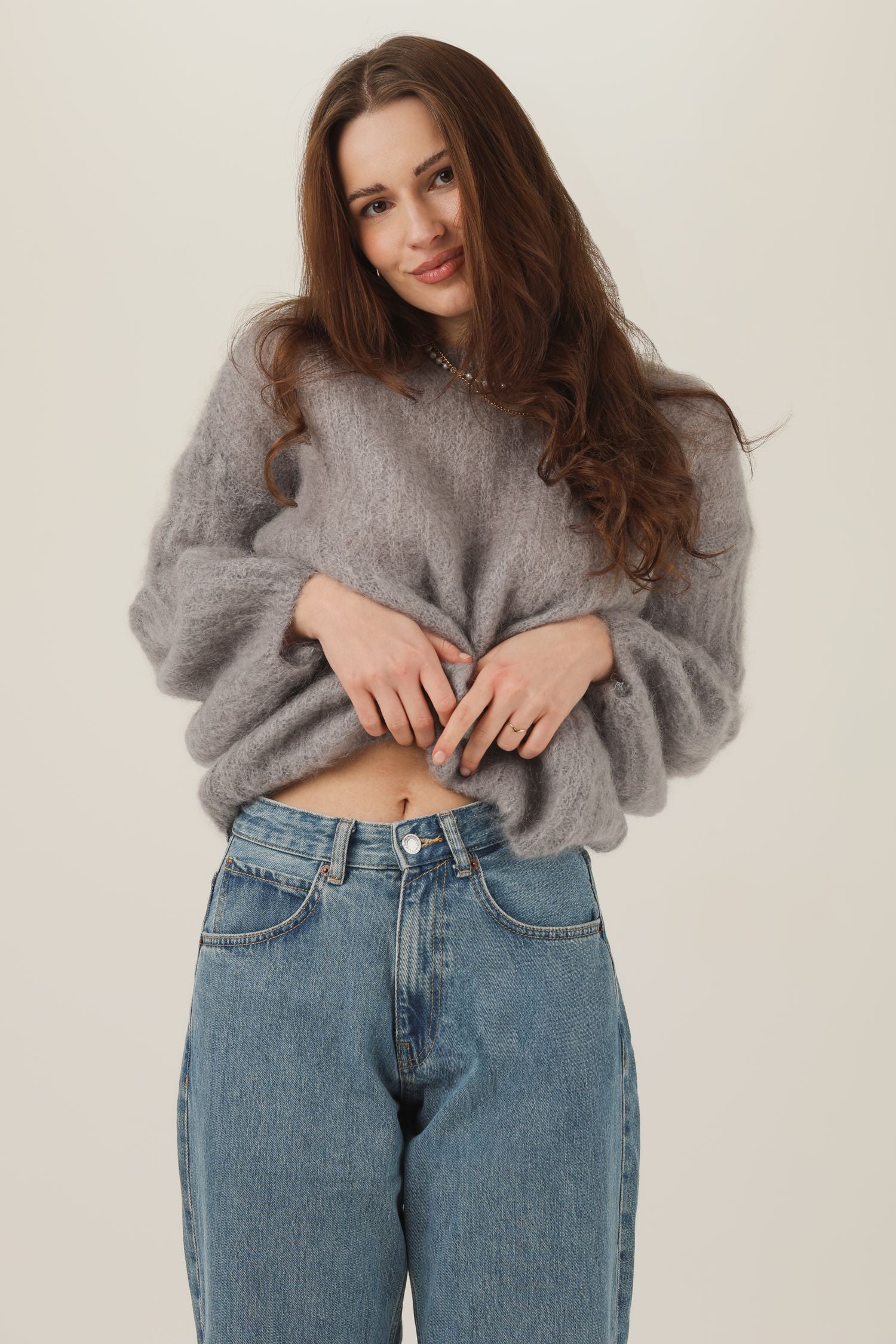 Sweter moherowy Tender - krem / granat / taupe