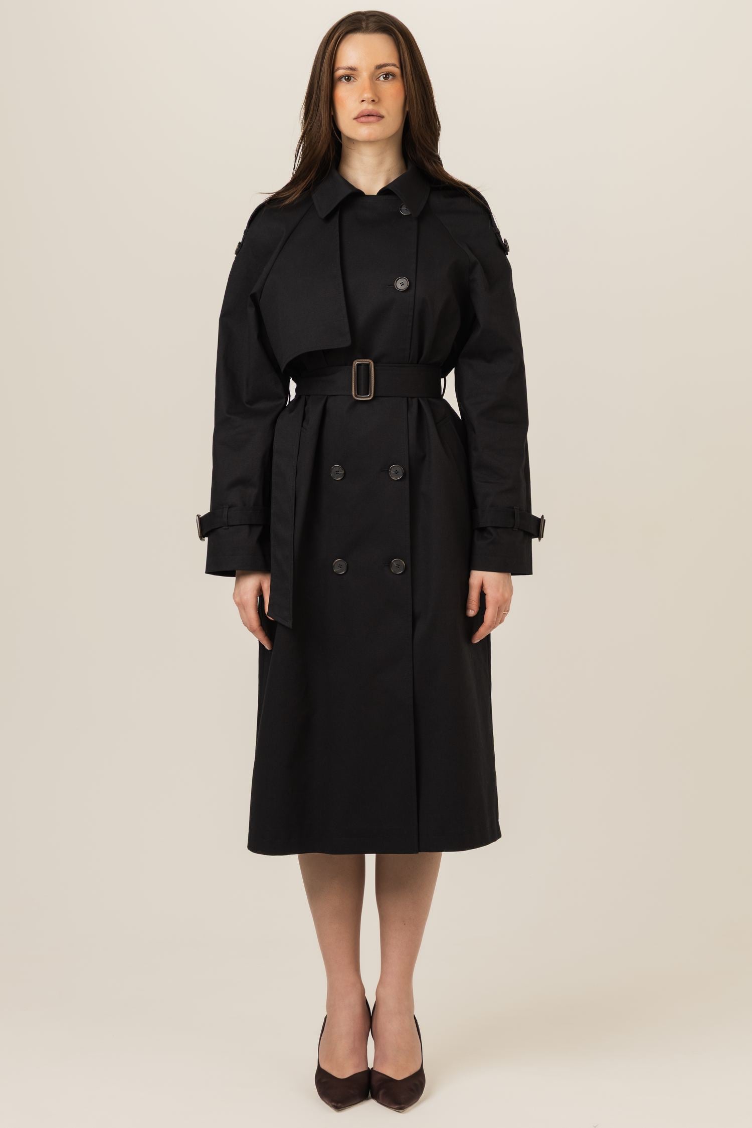 Klasyczny trencz damski długi płaszcz na wiosnę i jesień - beżowy / czarny / granatowy