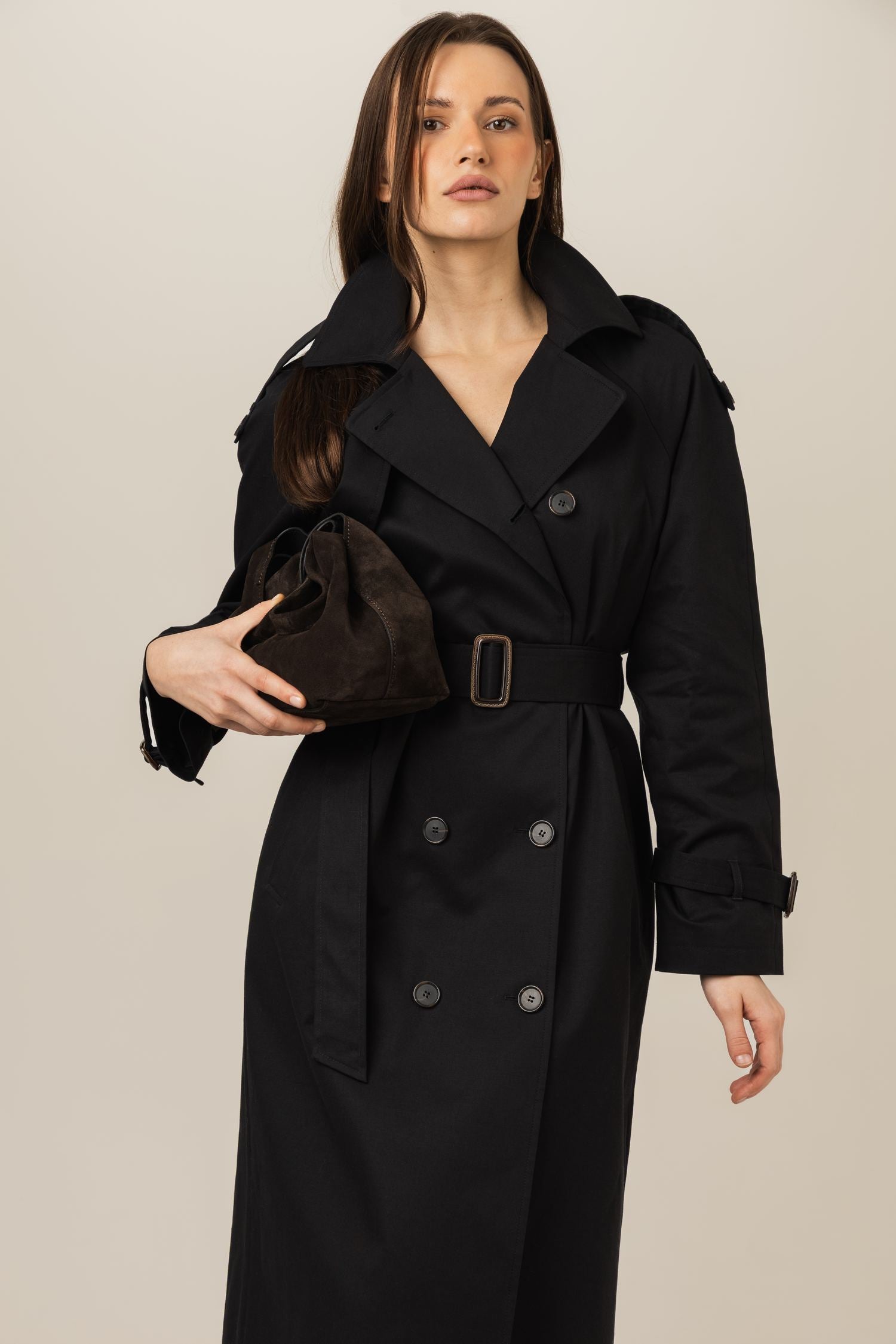 Klasyczny trencz damski długi płaszcz na wiosnę i jesień - beżowy / czarny / granatowy