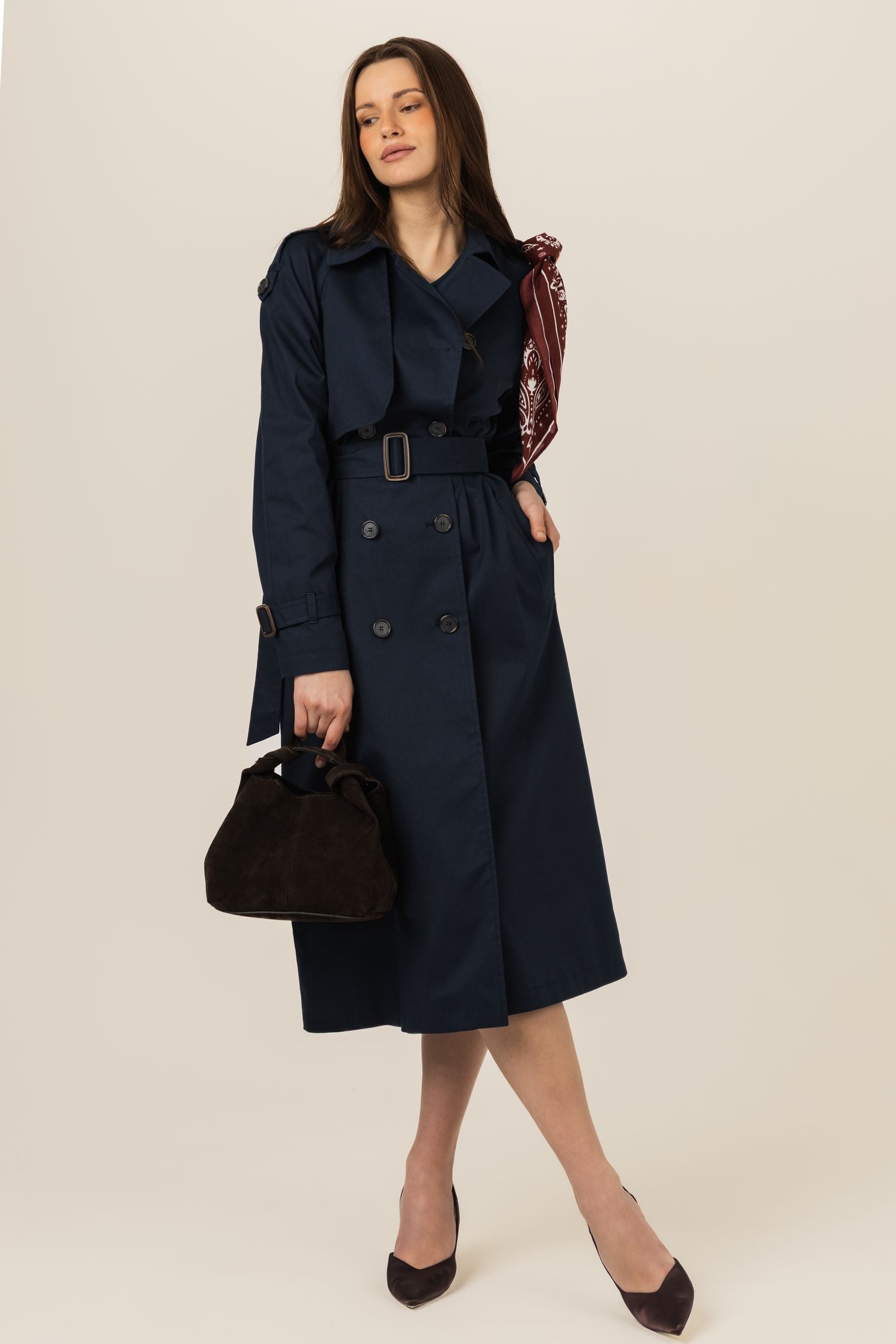 Klasyczny trencz damski długi płaszcz na wiosnę i jesień - beżowy / czarny / granatowy