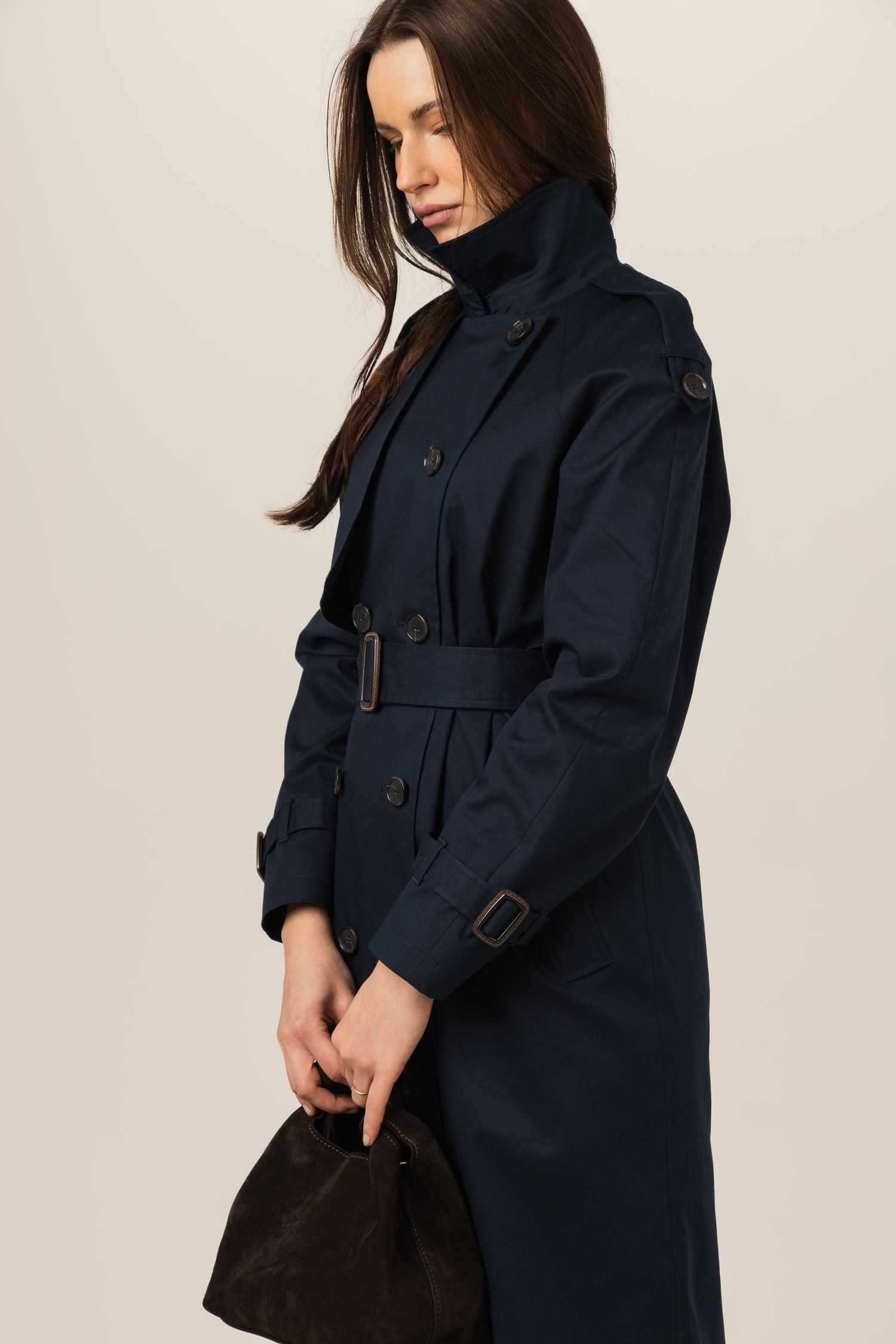 Klasyczny trencz damski długi płaszcz na wiosnę i jesień - beżowy / czarny / granatowy