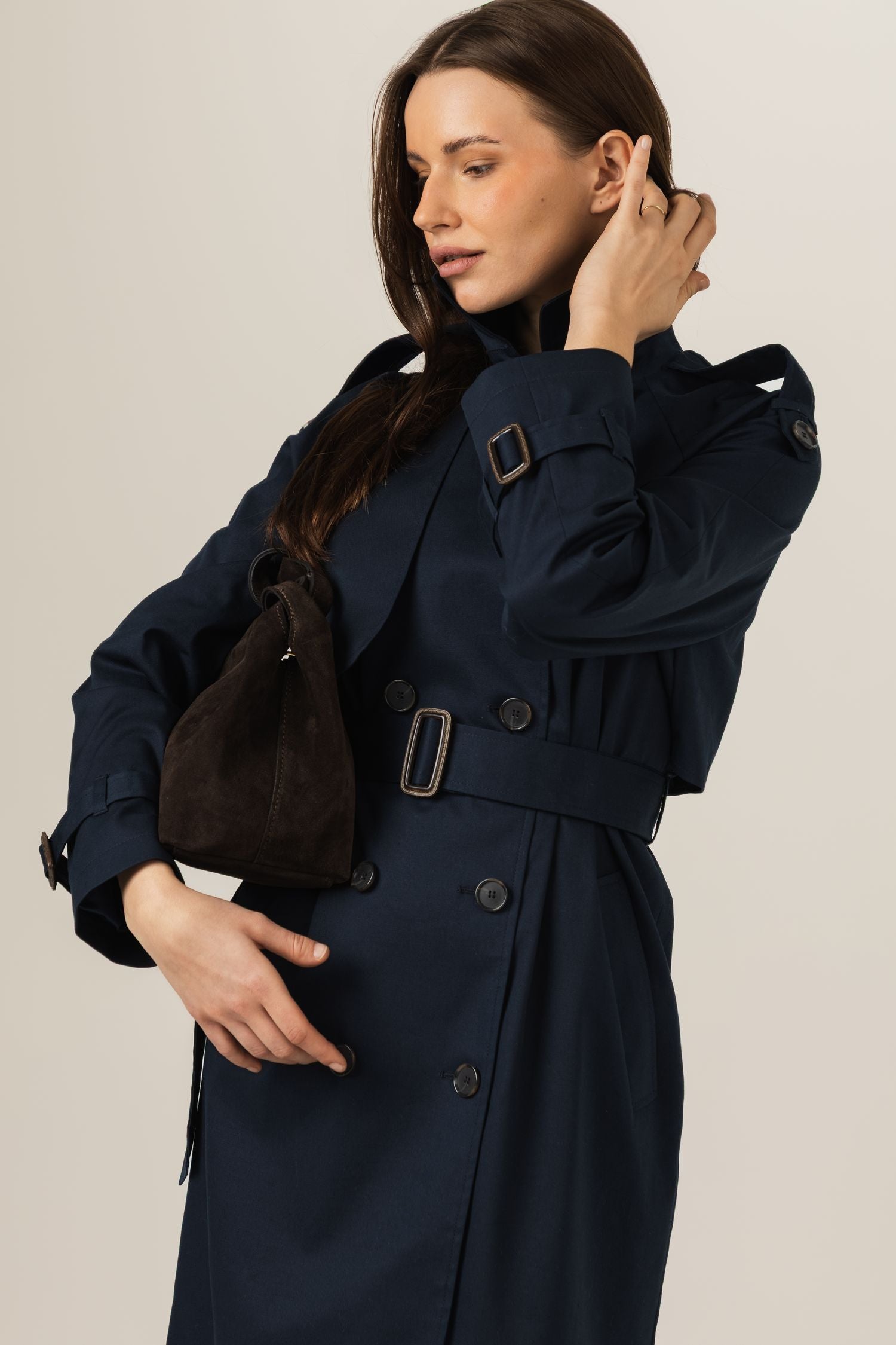 Klasyczny trencz damski długi płaszcz na wiosnę i jesień - beżowy / czarny / granatowy