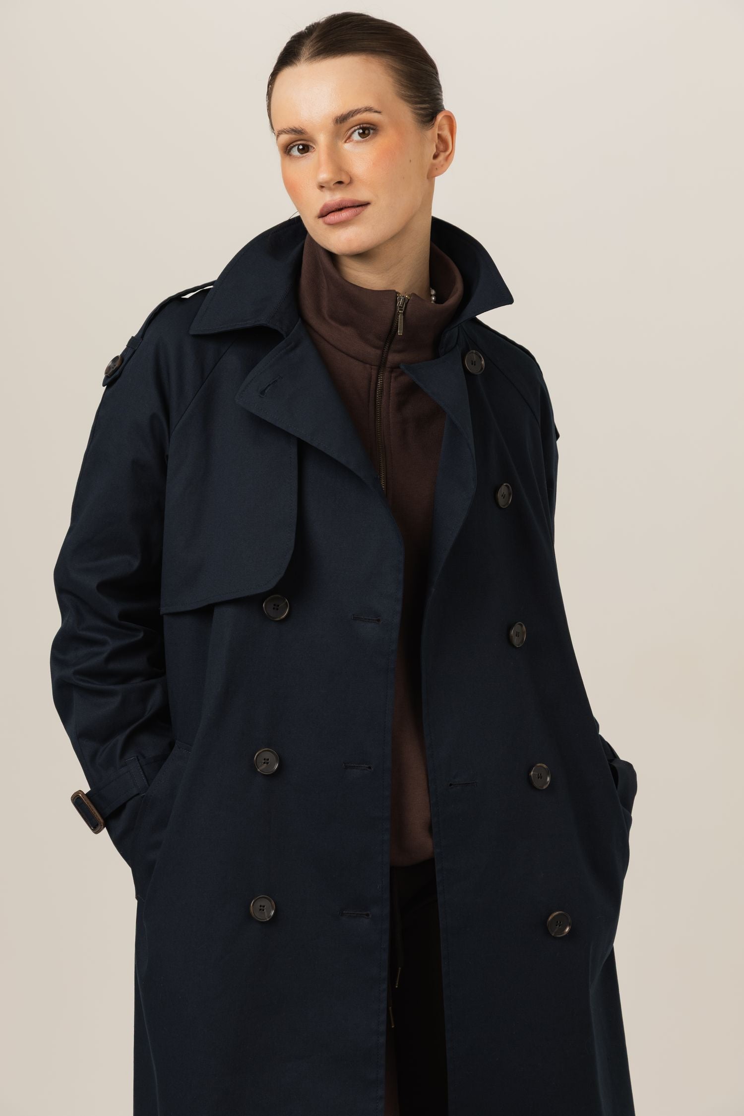 Klasyczny trencz damski długi płaszcz na wiosnę i jesień - beżowy / czarny / granatowy