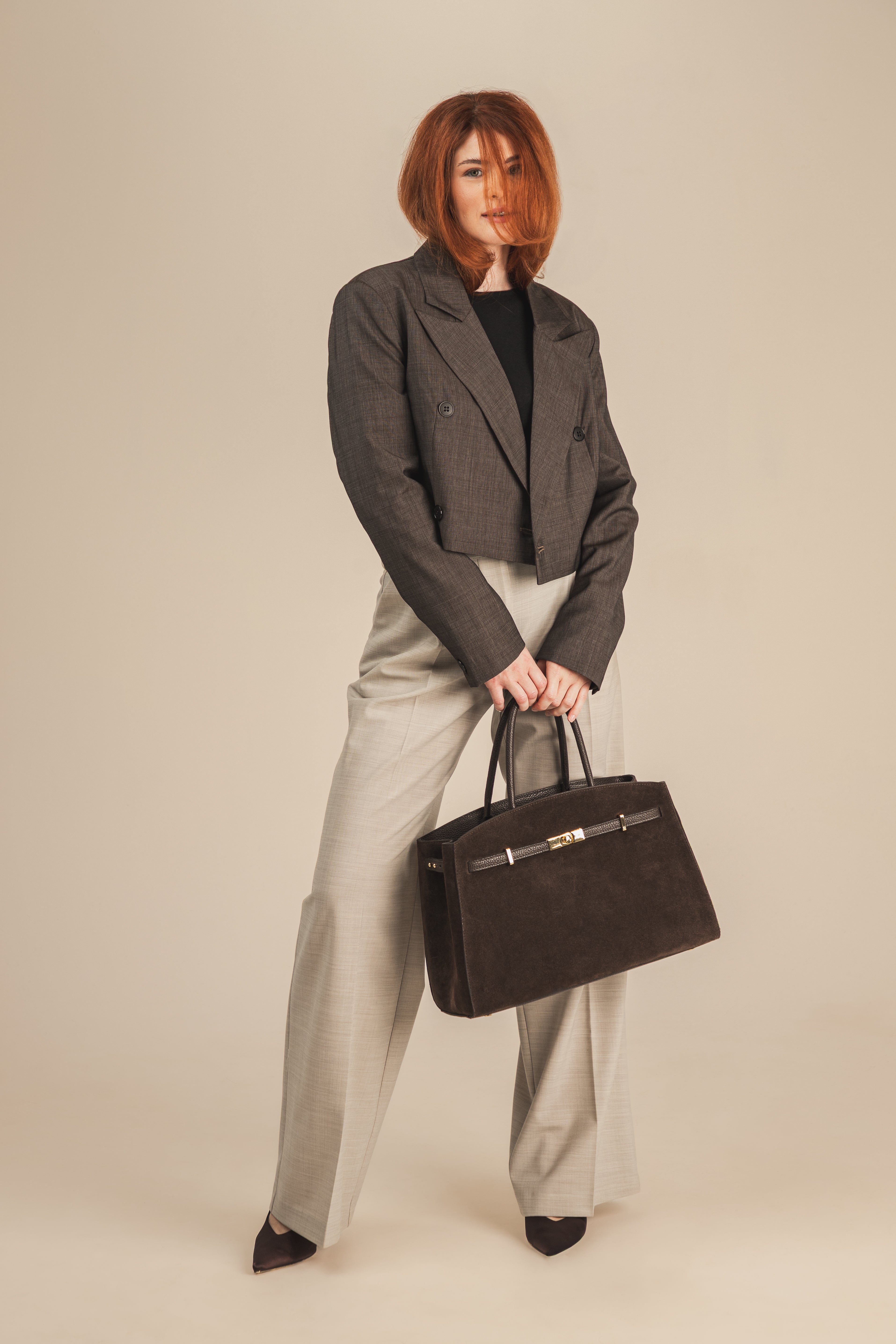 Spodnie damskie z kantem - wełna i elastan - Greige Wool