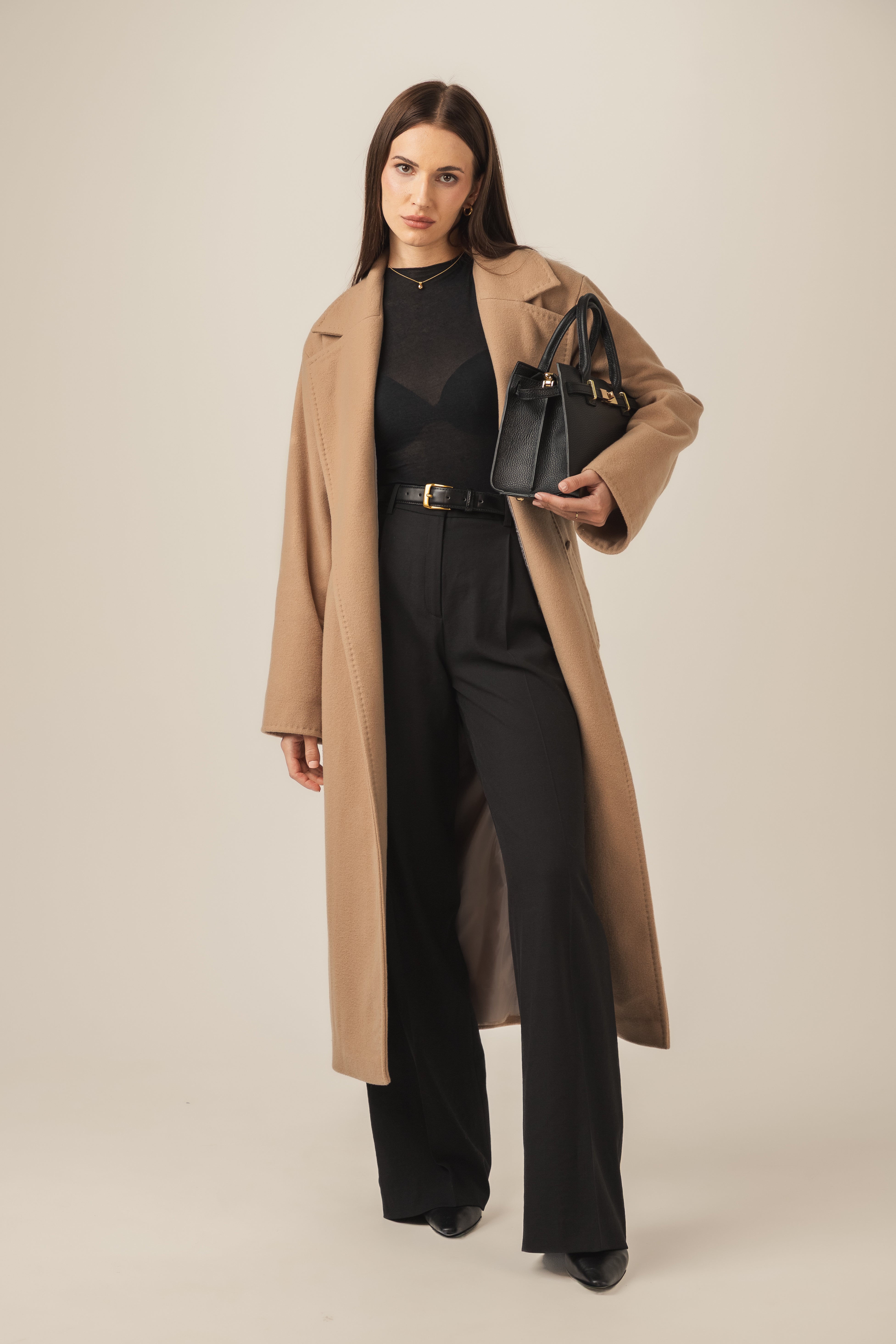 Płaszcz zimowy damski wiązany wełna/kaszmir - beżowy BASE