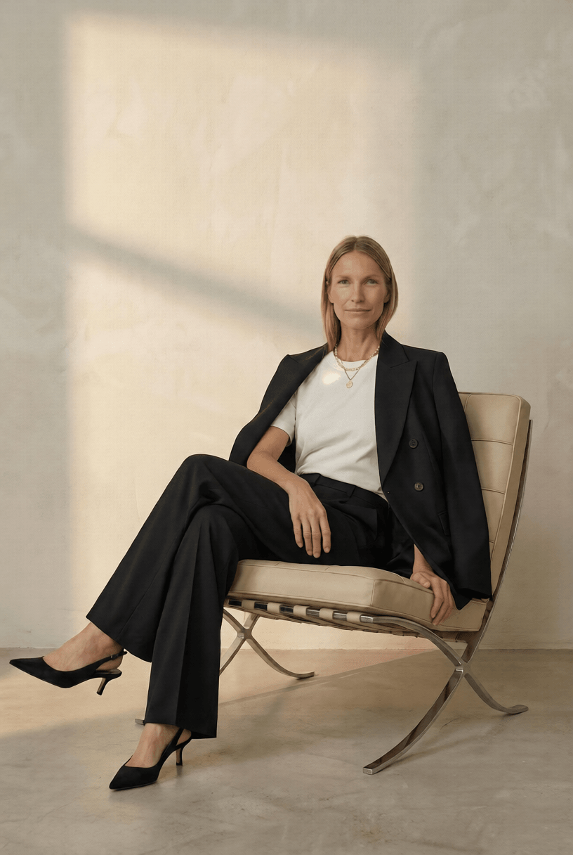 Biały Bawełniany T-shirt oversize z zarzuconą marynarka na ramiona i czarnymi spodniami