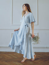 Długa sukienka kopertowa z lnu i wiskozy Sophie - błękitna
