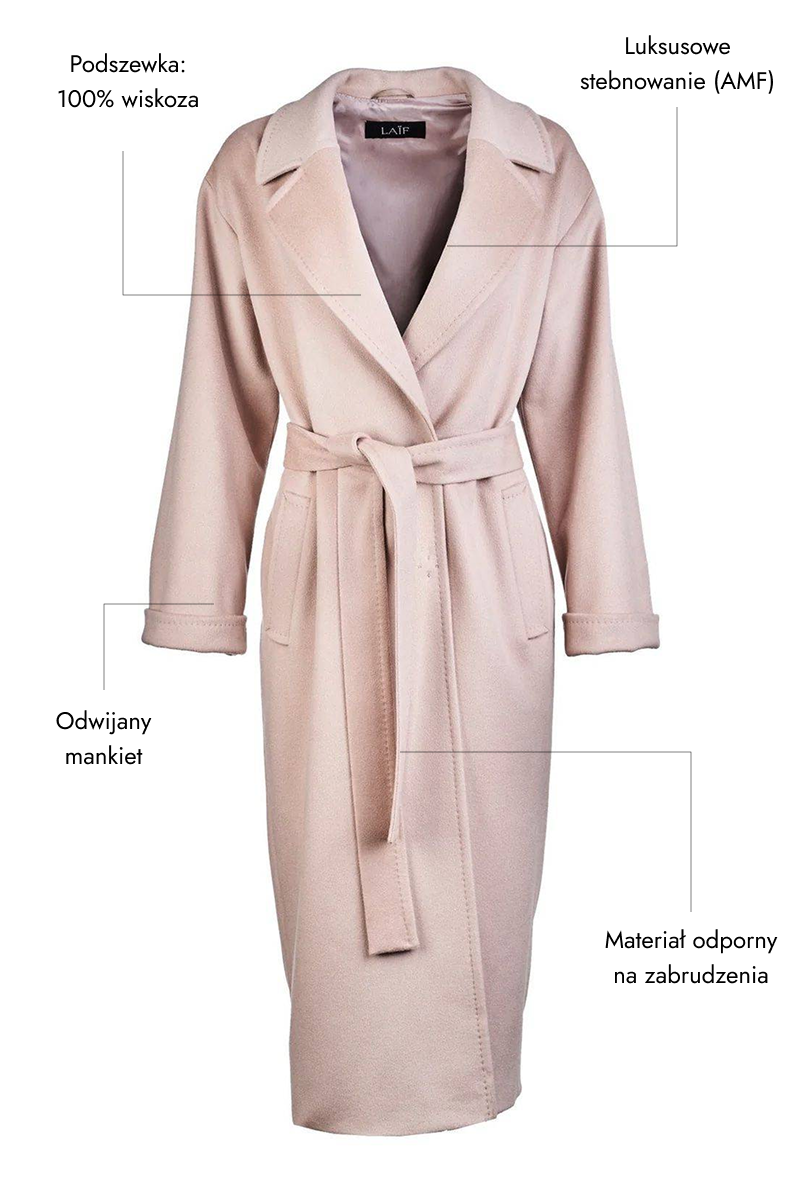 Płaszcz zimowy damski wiązany wełna/kaszmir - chłodny beż BASE