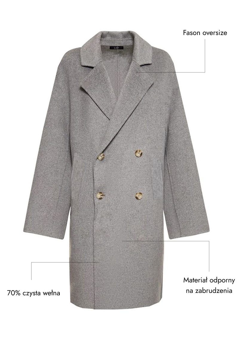 Szary płaszcz damski dwurzędowy bez podszewki RAY GRAY