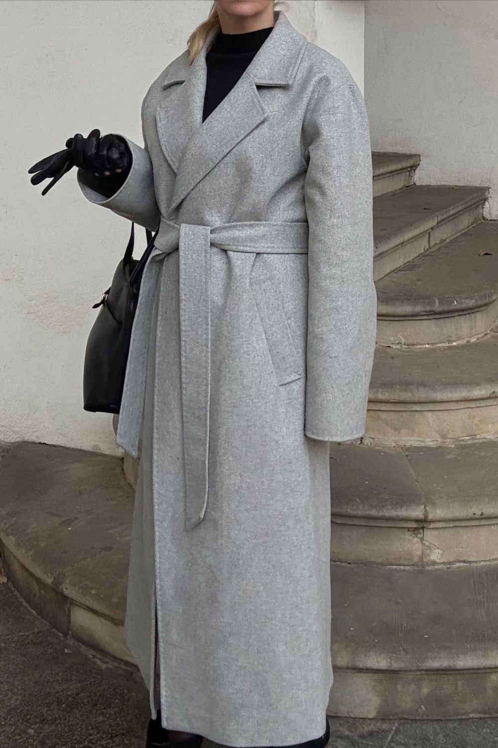 Damski szary wełniany płaszcz damski z paskiem - szary BASE
