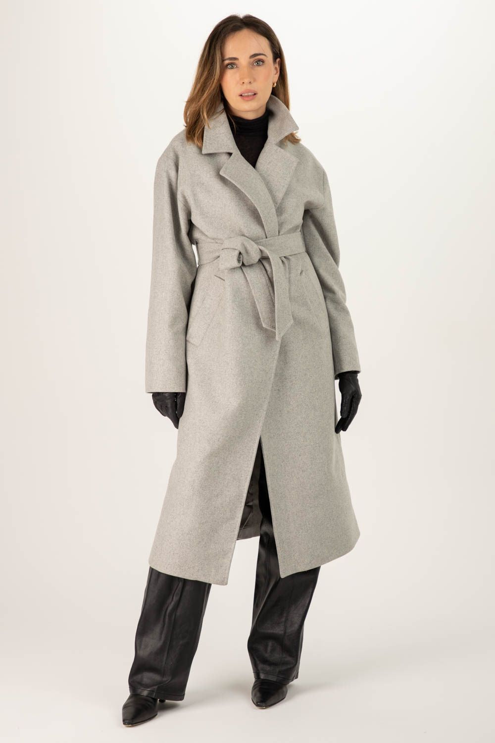 Damski szary wełniany płaszcz damski z paskiem - szary BASE