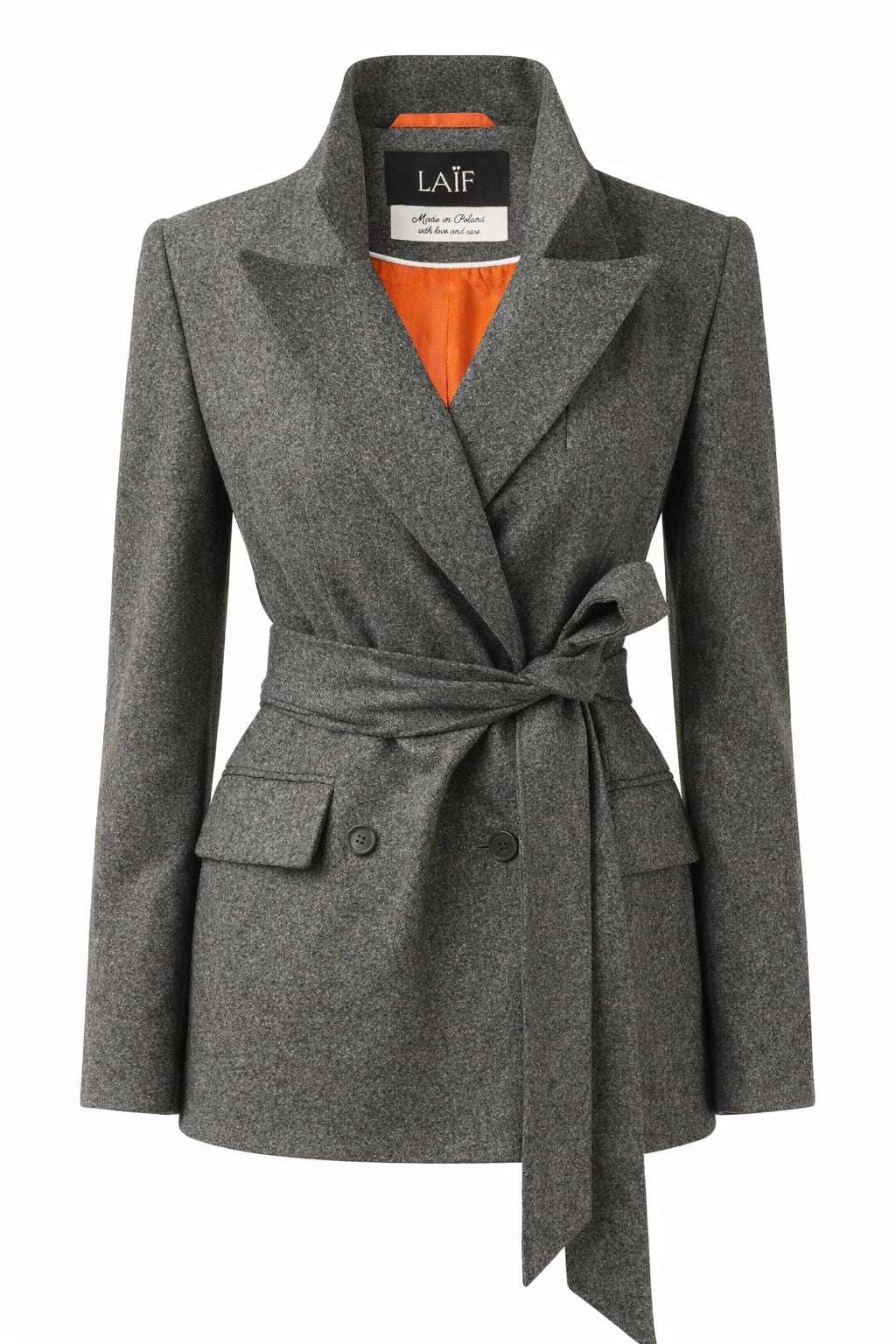 Szara marynarka damska z wełny i kaszmiru, z paskiem, klasyczny krój, odzież w kategorii płaszcze i kurtki