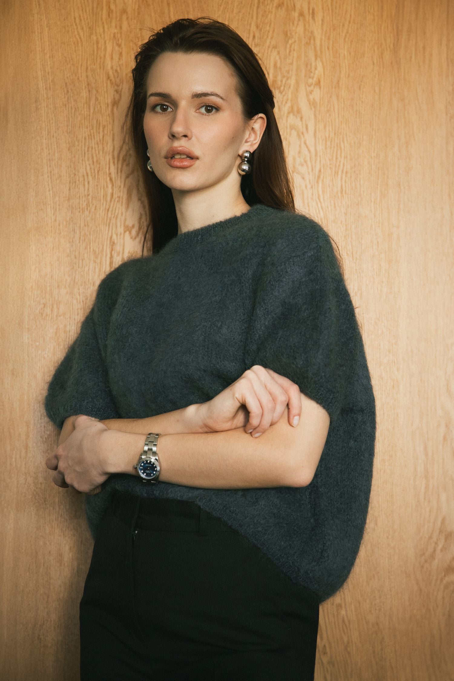 Moherowy sweter w krótkim rękawem - 80% KID MOHER - OCEAN GREY