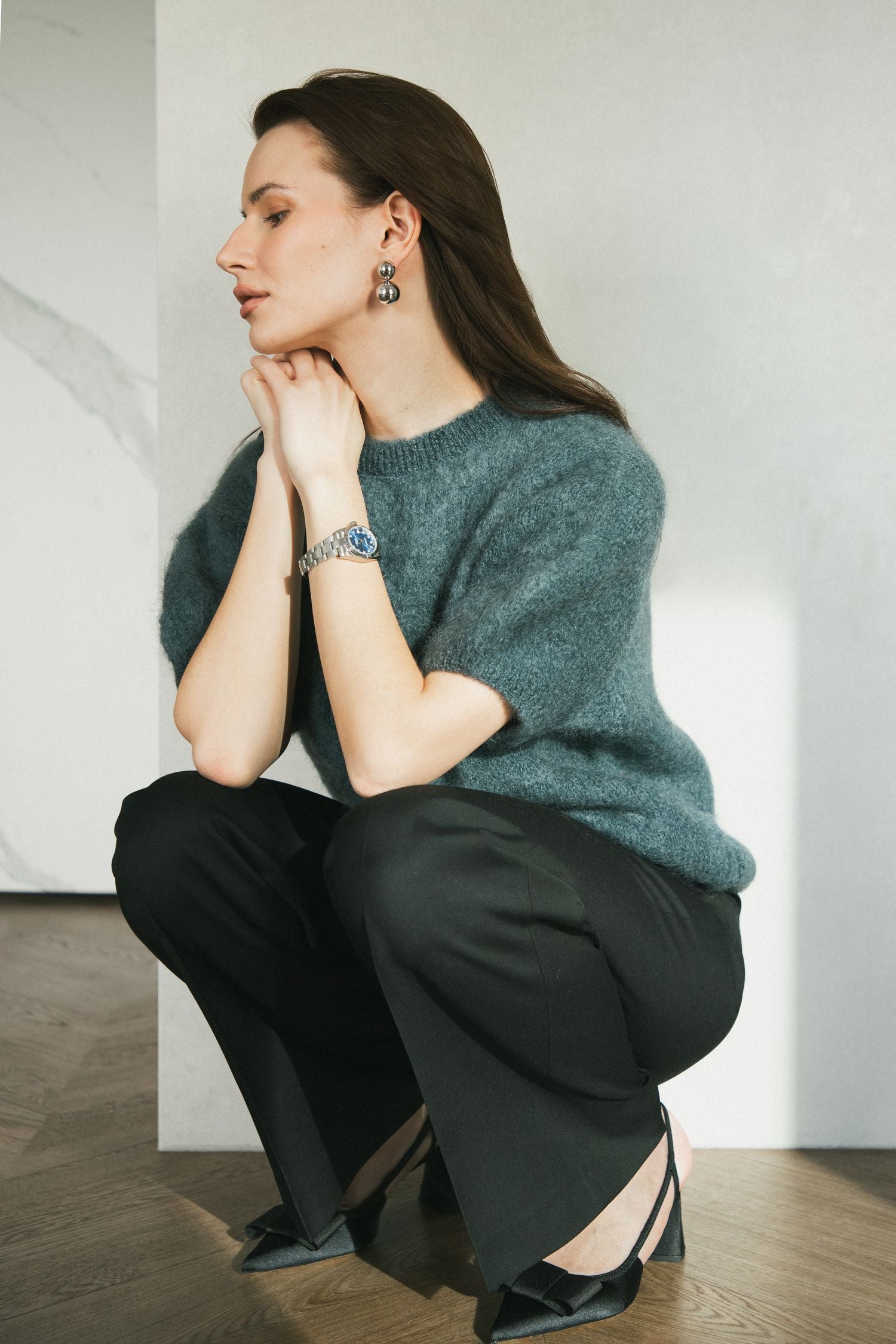 Moherowy sweter w krótkim rękawem - 80% KID MOHER - OCEAN GREY