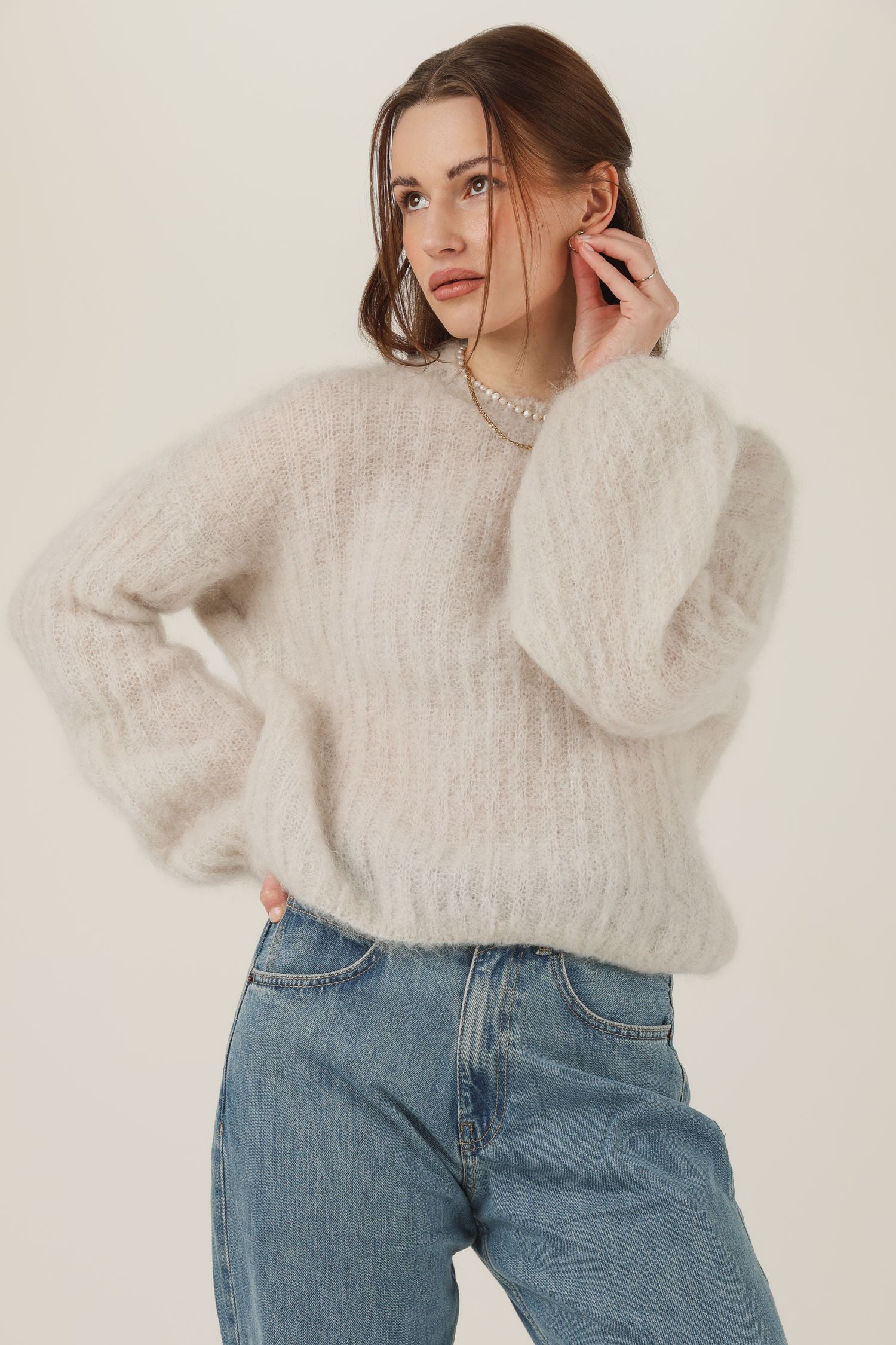 Sweter moherowy Tender - krem / granat / taupe