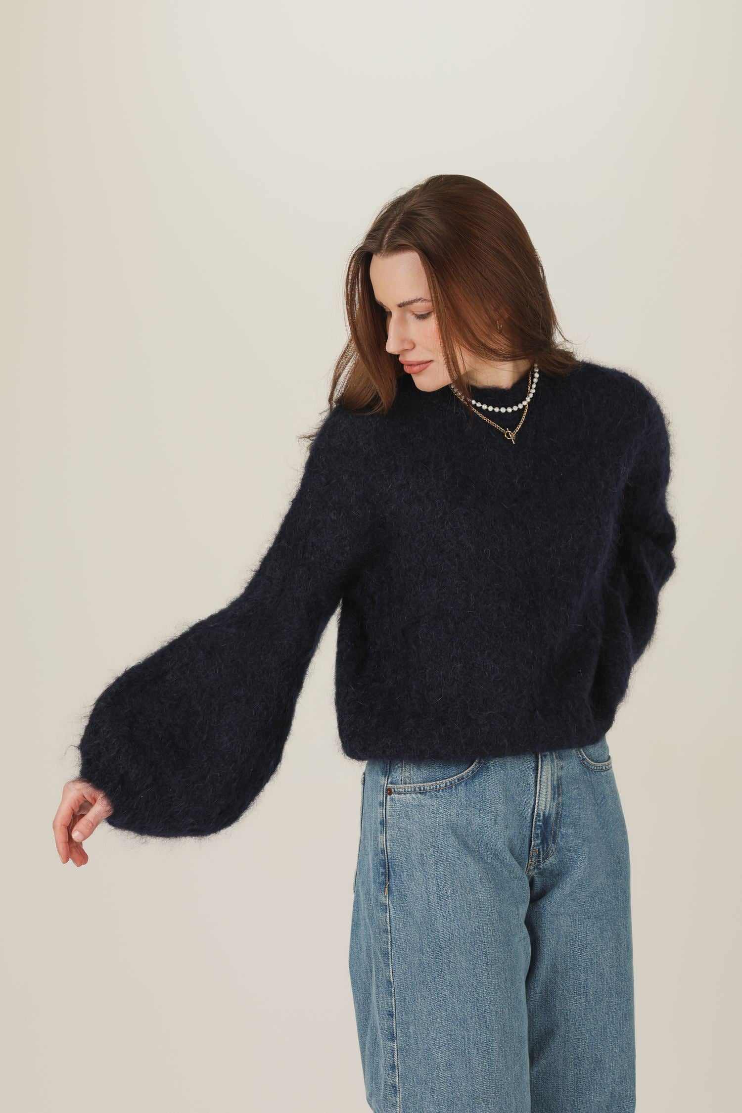 Sweter moherowy Tender - krem / granat / taupe